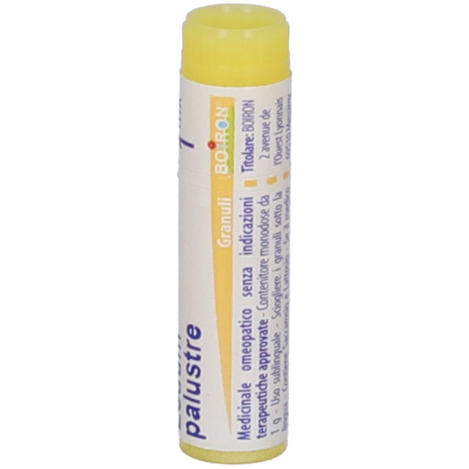 Confezione cilindrica con tappo giallo. Scritta: Ledum palustre, BOIRON, Granuli, indirizzo.