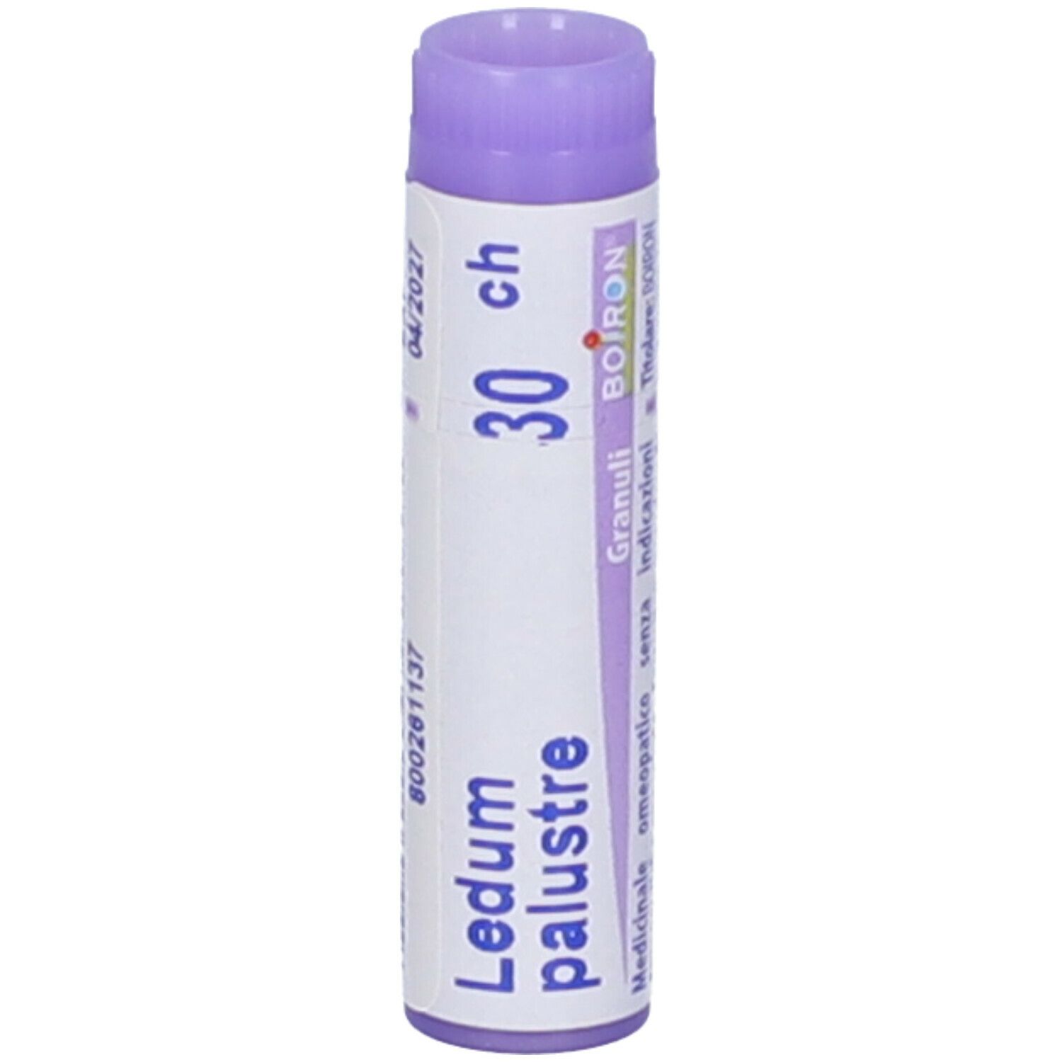 Confezione cilindrica, tappo viola. Scritte: Ledum palustre, 30 ch, BOIRON, EXP 04/2027.