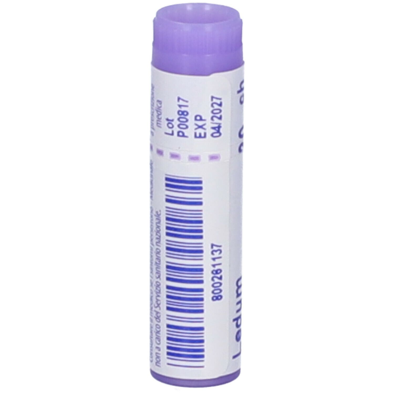 Confezione cilindrica, tappo viola. Scritte: Ledum palustre, 30 ch, EXP 04/2027.