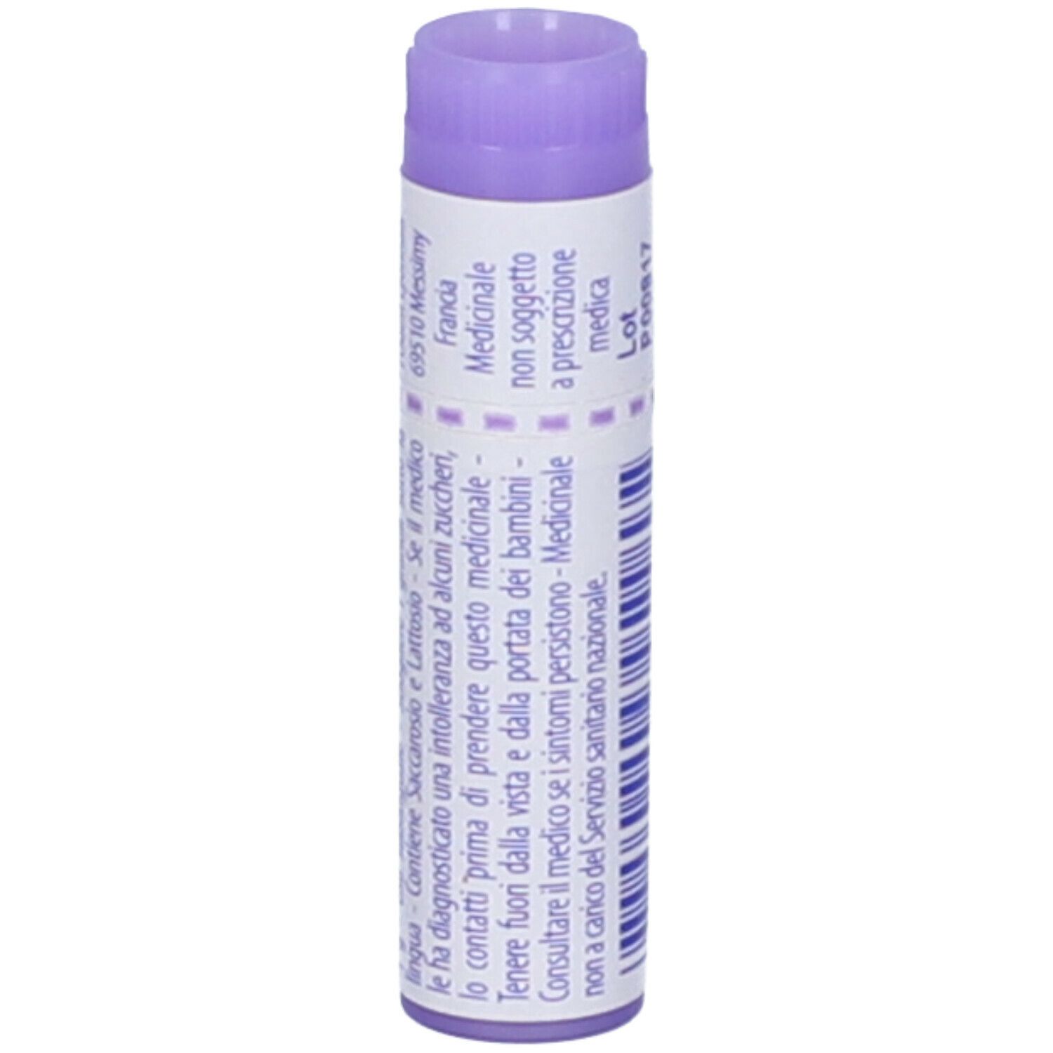 Confezione cilindrica, tappo viola. Scritte: Ledum palustre, 30 ch, EXP 04/2027, indicazioni.