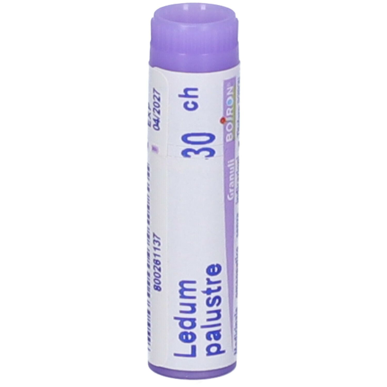 Confezione cilindrica, tappo viola. Scritte: Ledum palustre, 30 ch, BOIRON, EXP 04/2027.