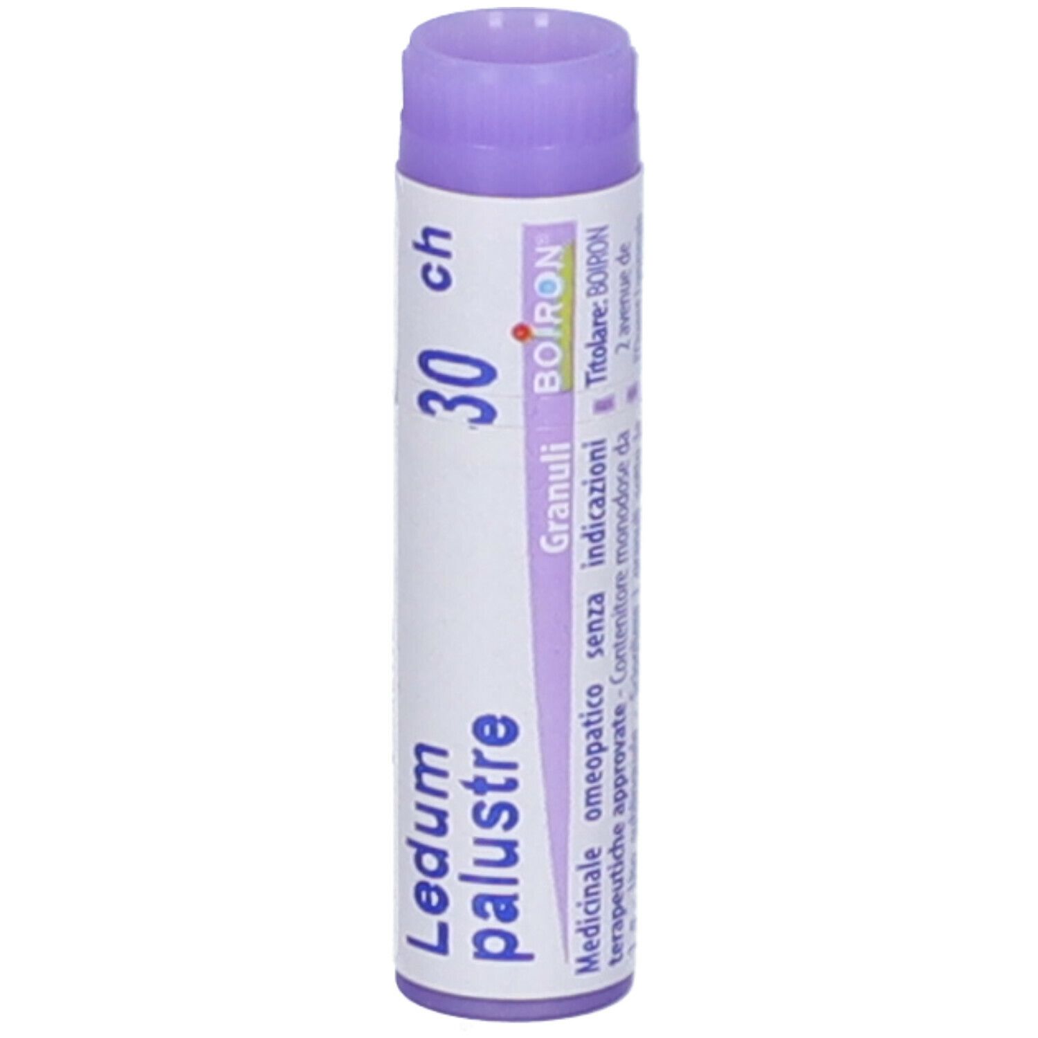 Confezione cilindrica, tappo viola. Scritte: Ledum palustre, 30 ch, BOIRON, Granuli.