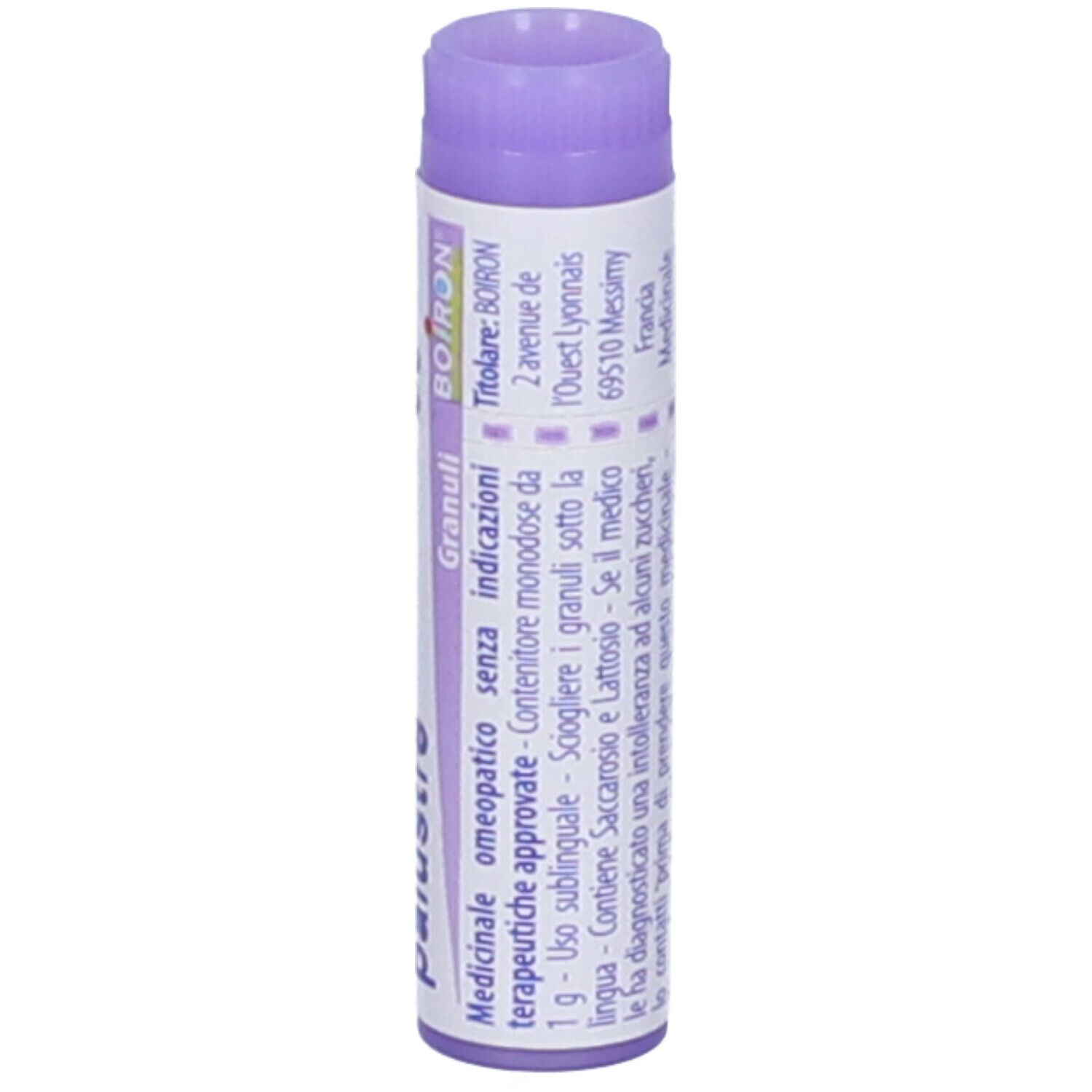Confezione cilindrica, tappo viola. Scritte: Ledum palustre, 30 ch, BOIRON, indicazioni, 1 g.