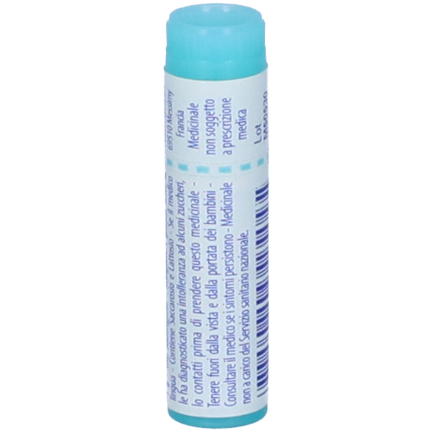 Tubo cilindrico, tappo blu. Scritta: Thuya occidentalis, 5 ch, BOIRON. Testo in italiano.