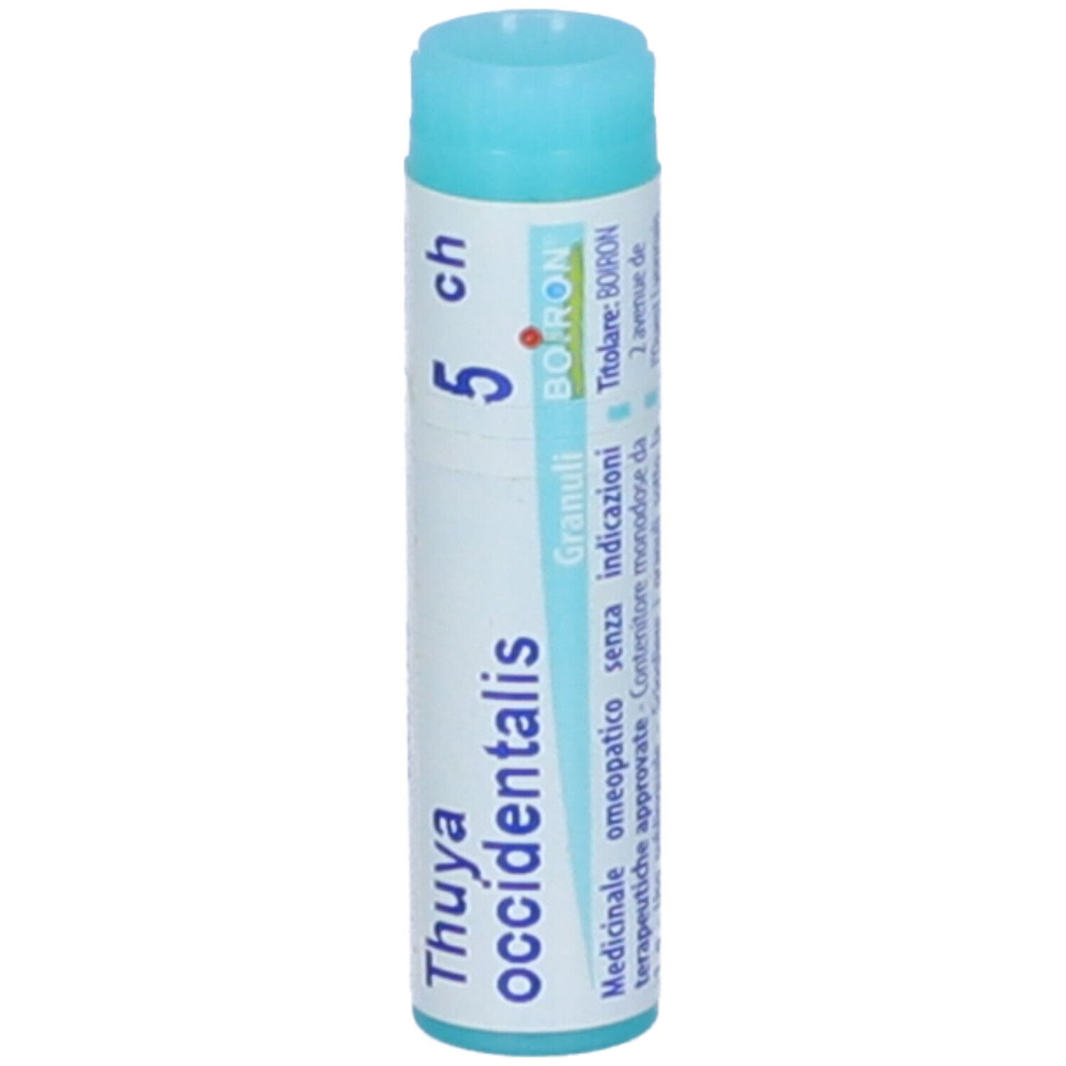Tubo cilindrico, tappo blu. Scritta: Thuya occidentalis, 5 ch, BOIRON. Informazioni aggiuntive.