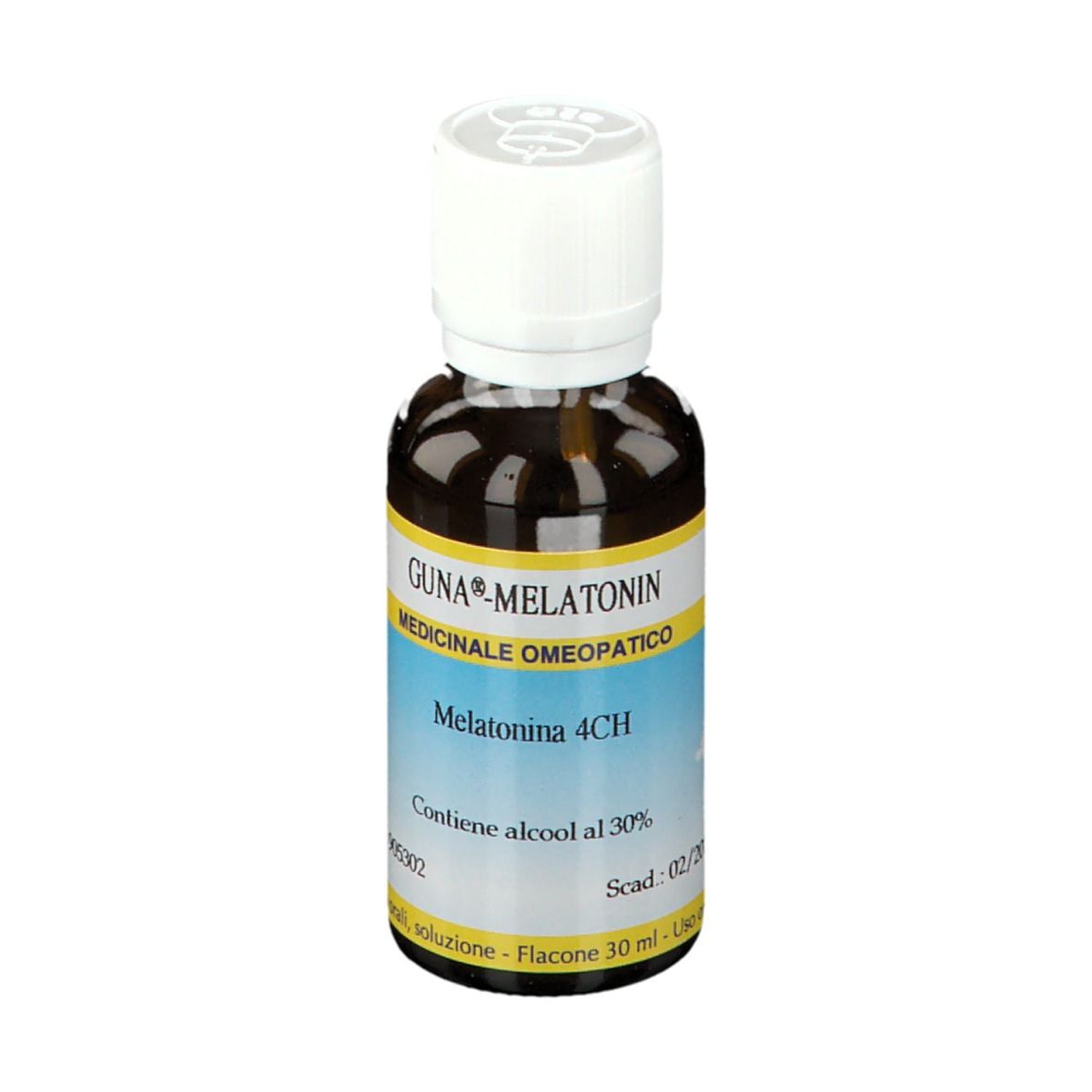Flacone di vetro marrone con tappo bianco. Etichetta con nome del prodotto e informazioni. GUNA Melatonin 4CH.