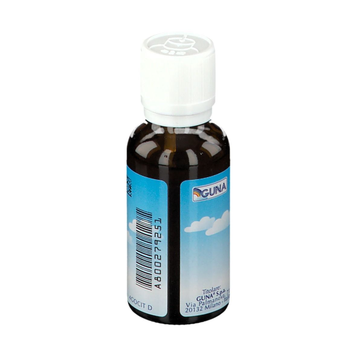 Flacone di vetro marrone con tappo bianco. Etichetta con nome del prodotto e informazioni. GUNA Melatonin 4CH.