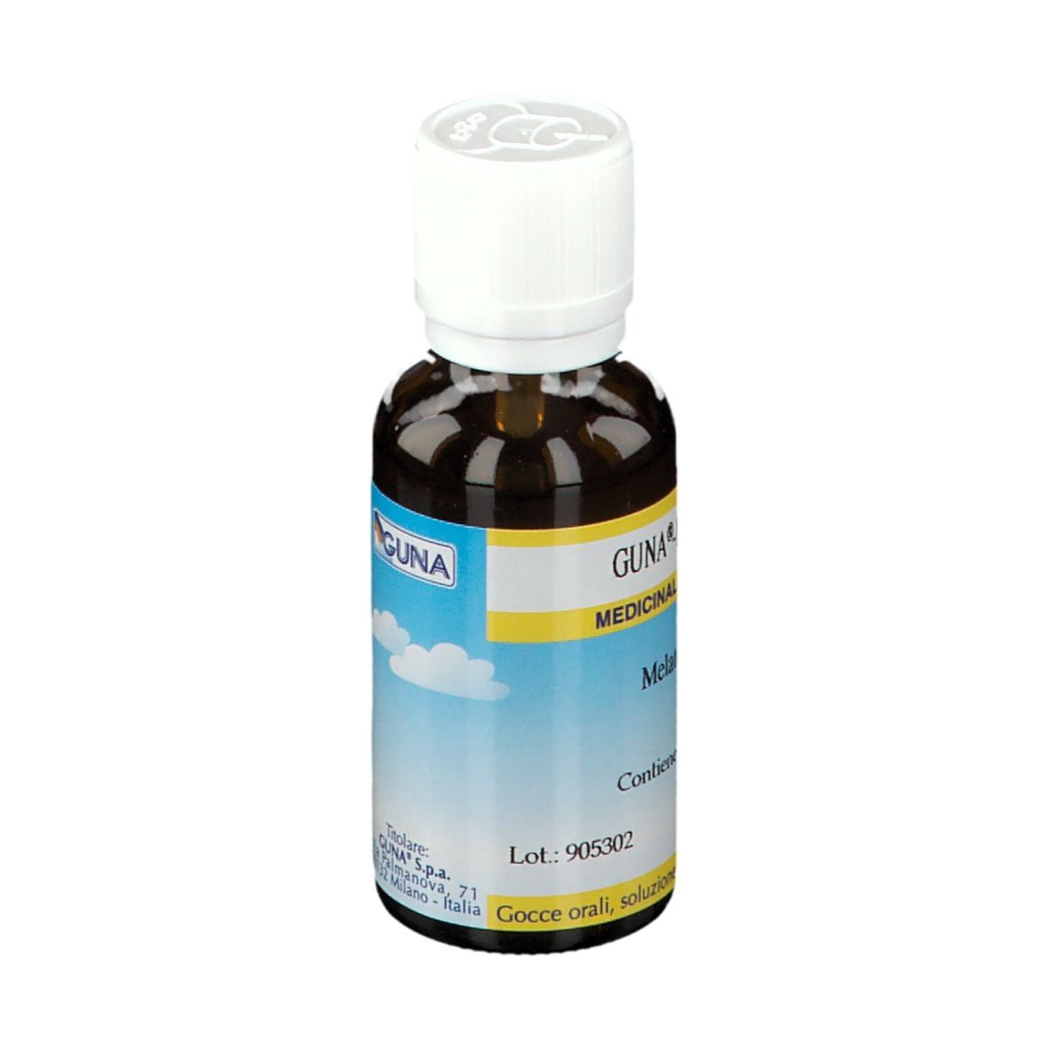 Flacone di vetro marrone con tappo bianco. Etichetta con nome del prodotto e informazioni. GUNA Melatonin 4CH.
