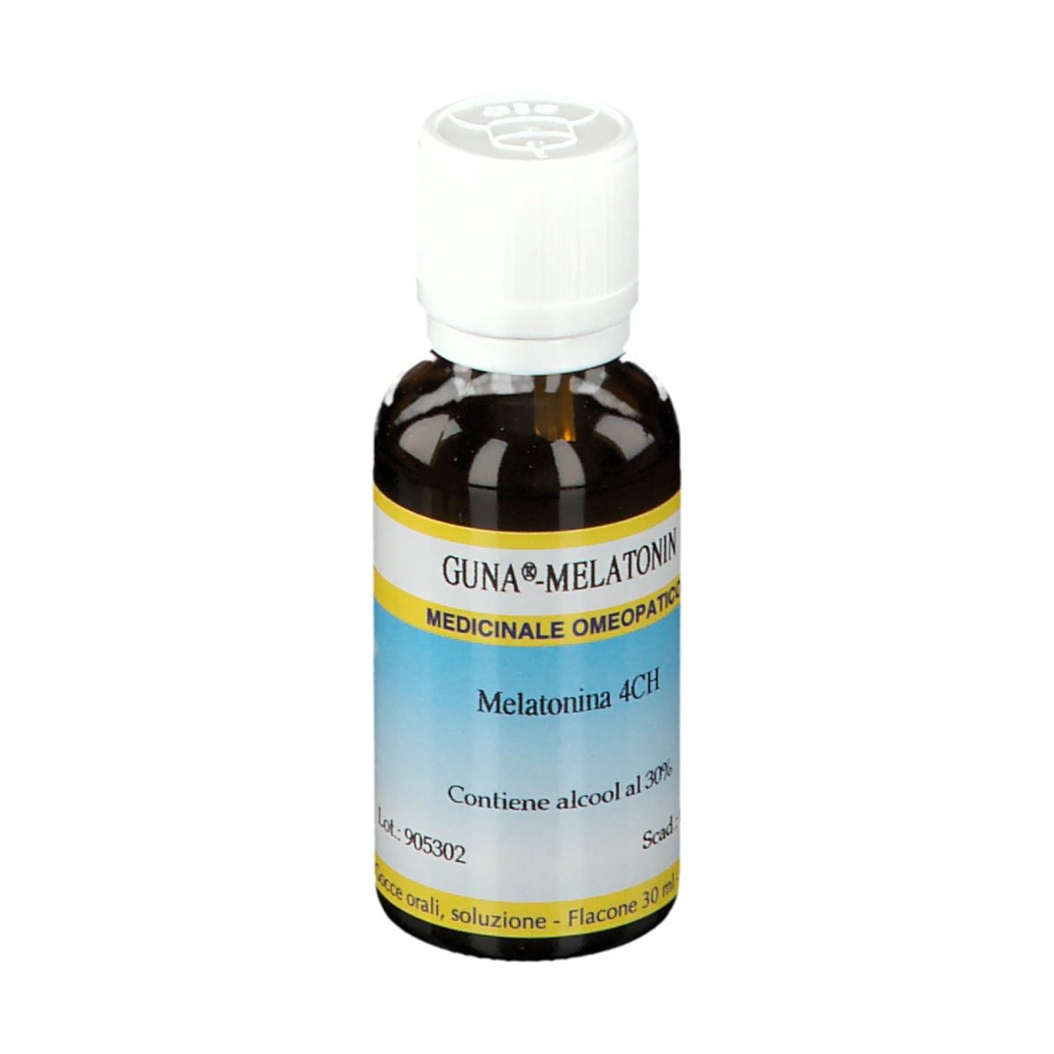 Flacone di vetro marrone con tappo bianco. Etichetta con nome del prodotto e informazioni. GUNA Melatonin 4CH.