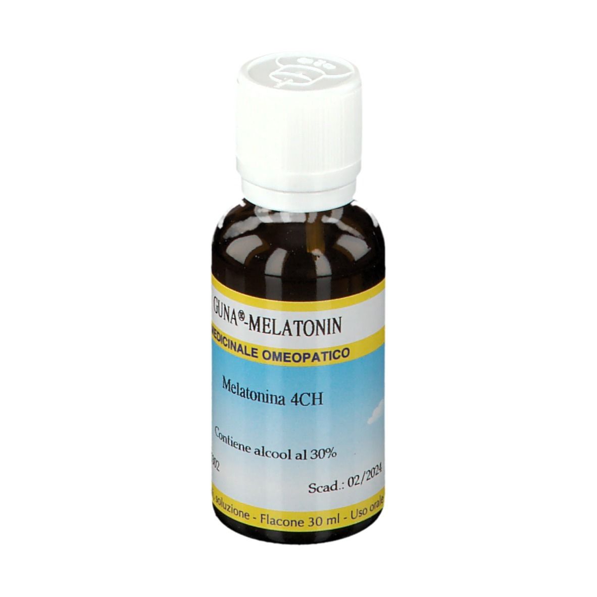 Flacone di vetro marrone con tappo bianco. Etichetta con nome del prodotto e informazioni. GUNA Melatonin 4CH.