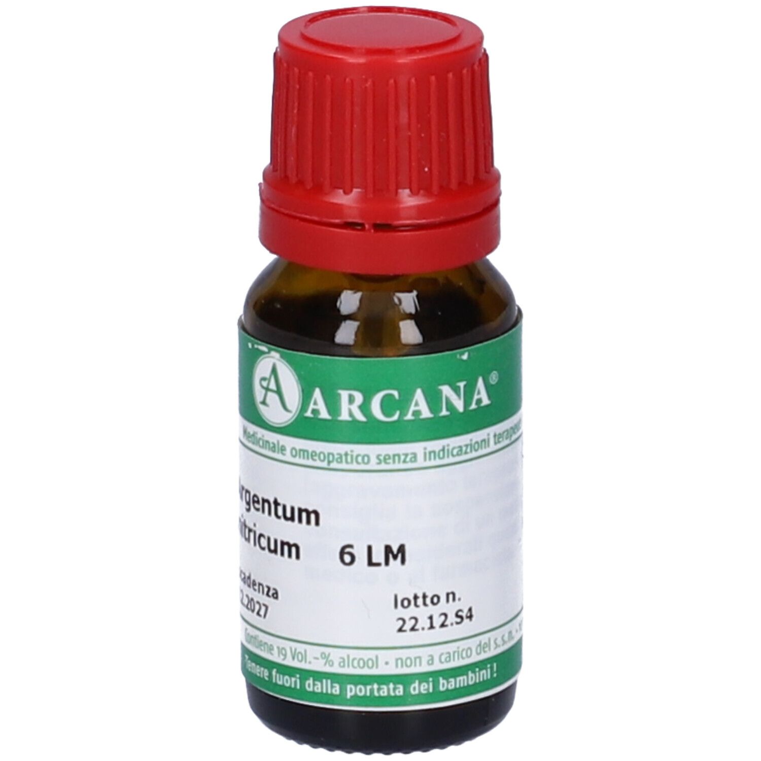 Flacone marrone con tappo rosso. Etichetta con testo: Argentum nitricum 6 LM, scadenza 22.12.54, ARCAN.