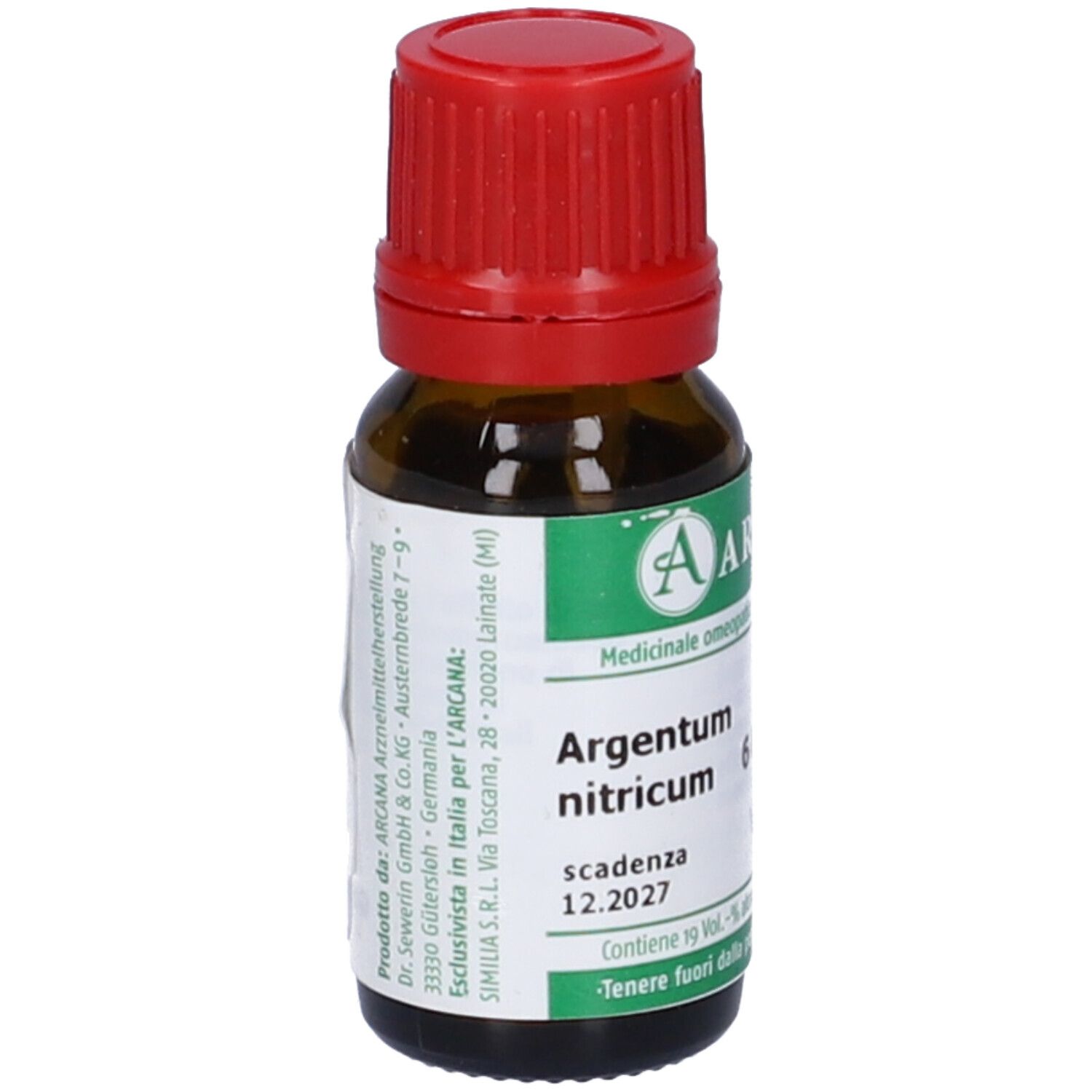 Flacone marrone con tappo rosso. Etichetta con testo: Argentum nitricum 6, scadenza 12.2027, ARCAN.
