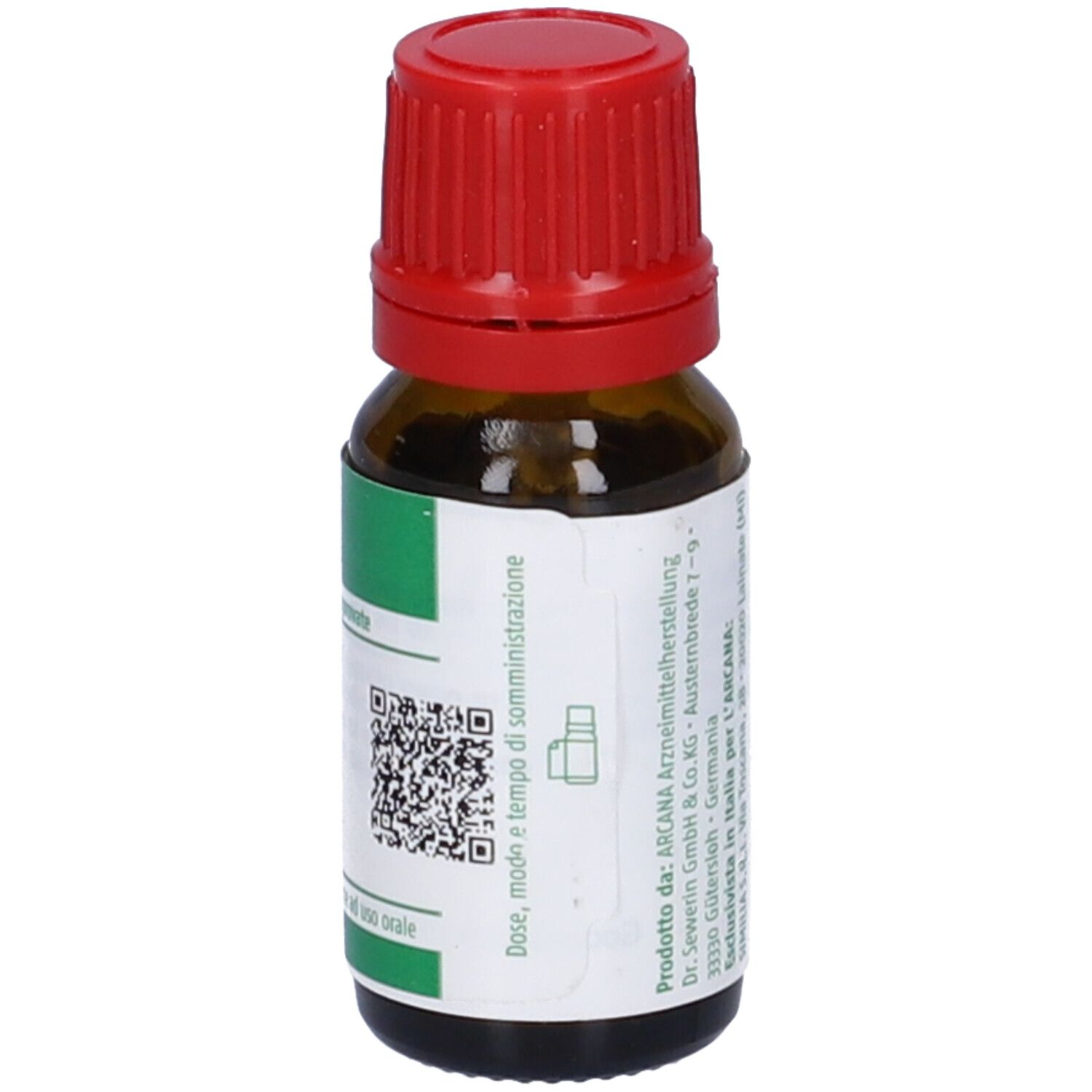 Flacone marrone con tappo rosso. Etichetta con codice QR e testo: Dose, modo e tempo di somministrazione, ARCAN.
