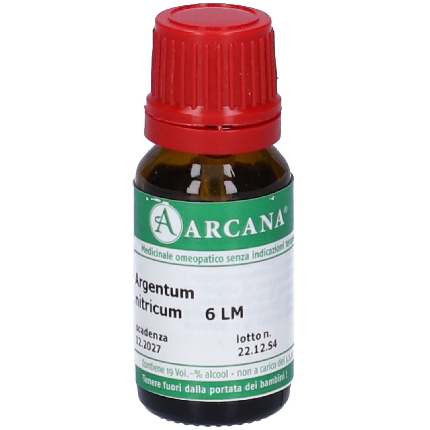 Flacone marrone con tappo rosso. Etichetta con testo: Argentum nitricum 6 LM, scadenza 22.12.54, ARCAN.