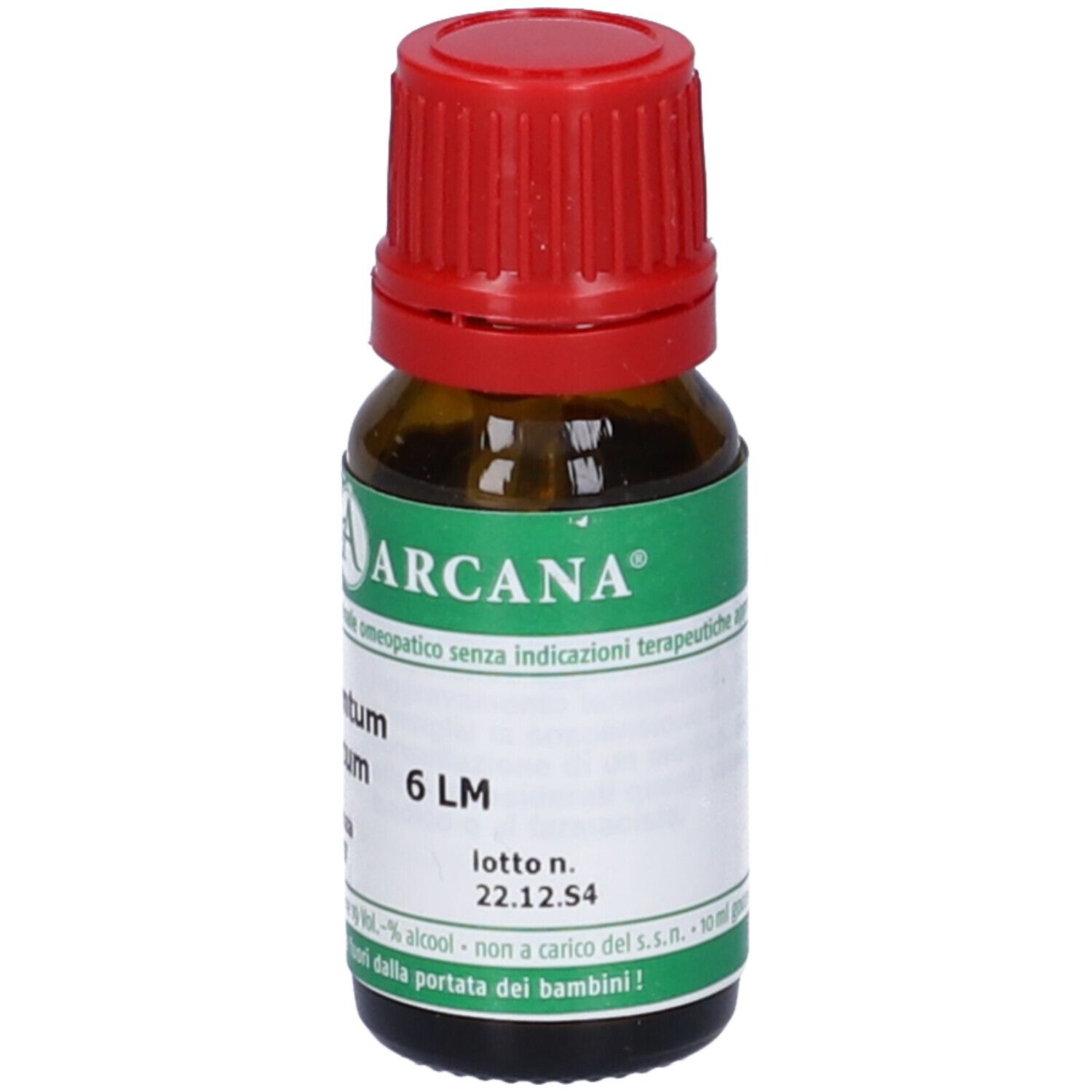 Flacone marrone con tappo rosso. Etichetta con testo: Argentum nitricum 6 LM, scadenza 22.12.54, ARCAN.