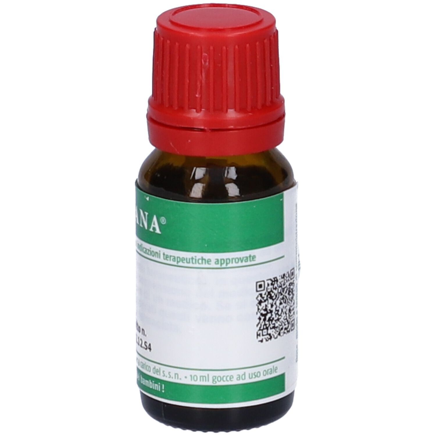 Flacone marrone con tappo rosso. Etichetta con testo: 10 ml gocce ad uso orale, ARCAN, codice QR.