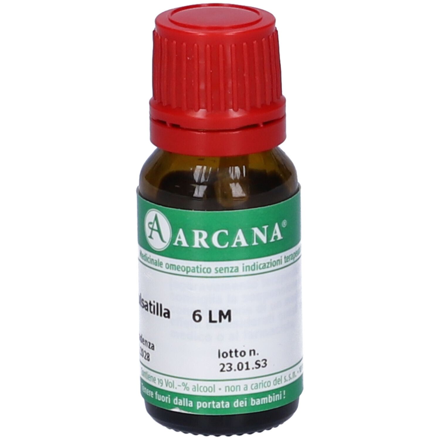Flacone di vetro marrone con tappo rosso. Etichetta bianca con fascia verde, testo: Pulsatilla 6 LM, lotto n. 23.01.S3.