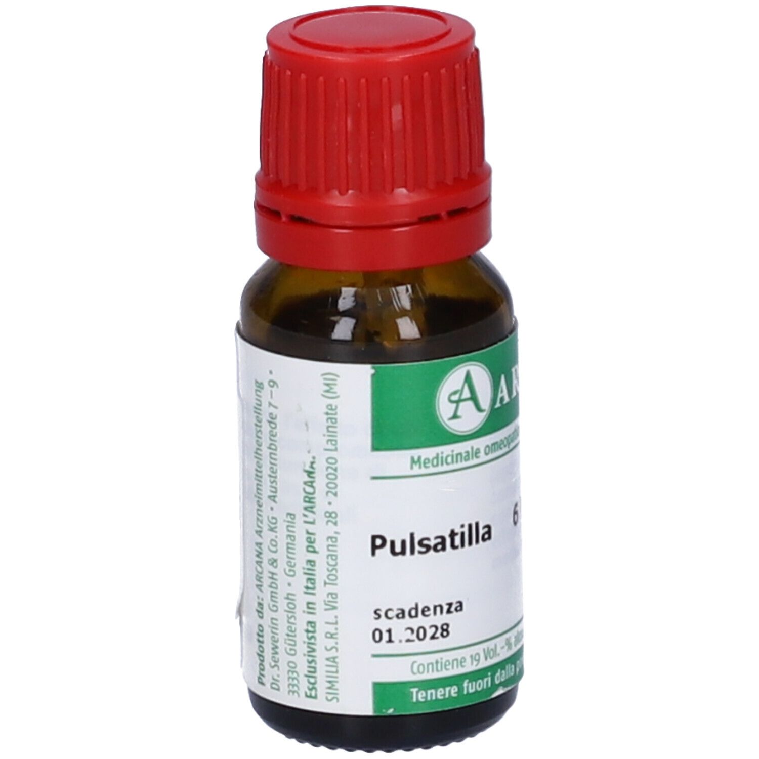 Flacone di vetro marrone con tappo rosso. Etichetta bianca con fascia verde, testo: Pulsatilla, scadenza 01.2028.