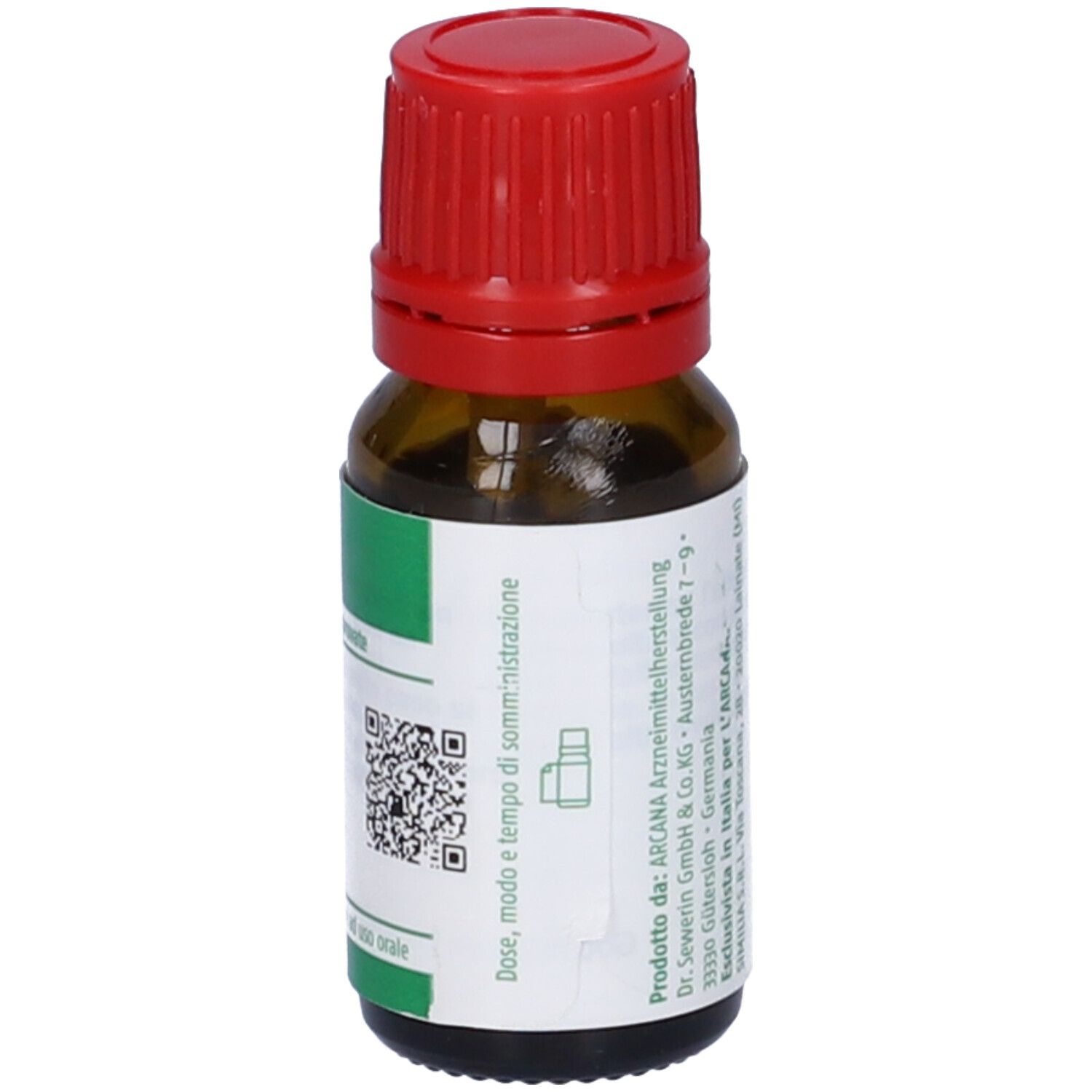 Flacone di vetro marrone con tappo rosso. Etichetta bianca con fascia verde e codice QR. Testo: Dose, modo e tempo di somministrazione.