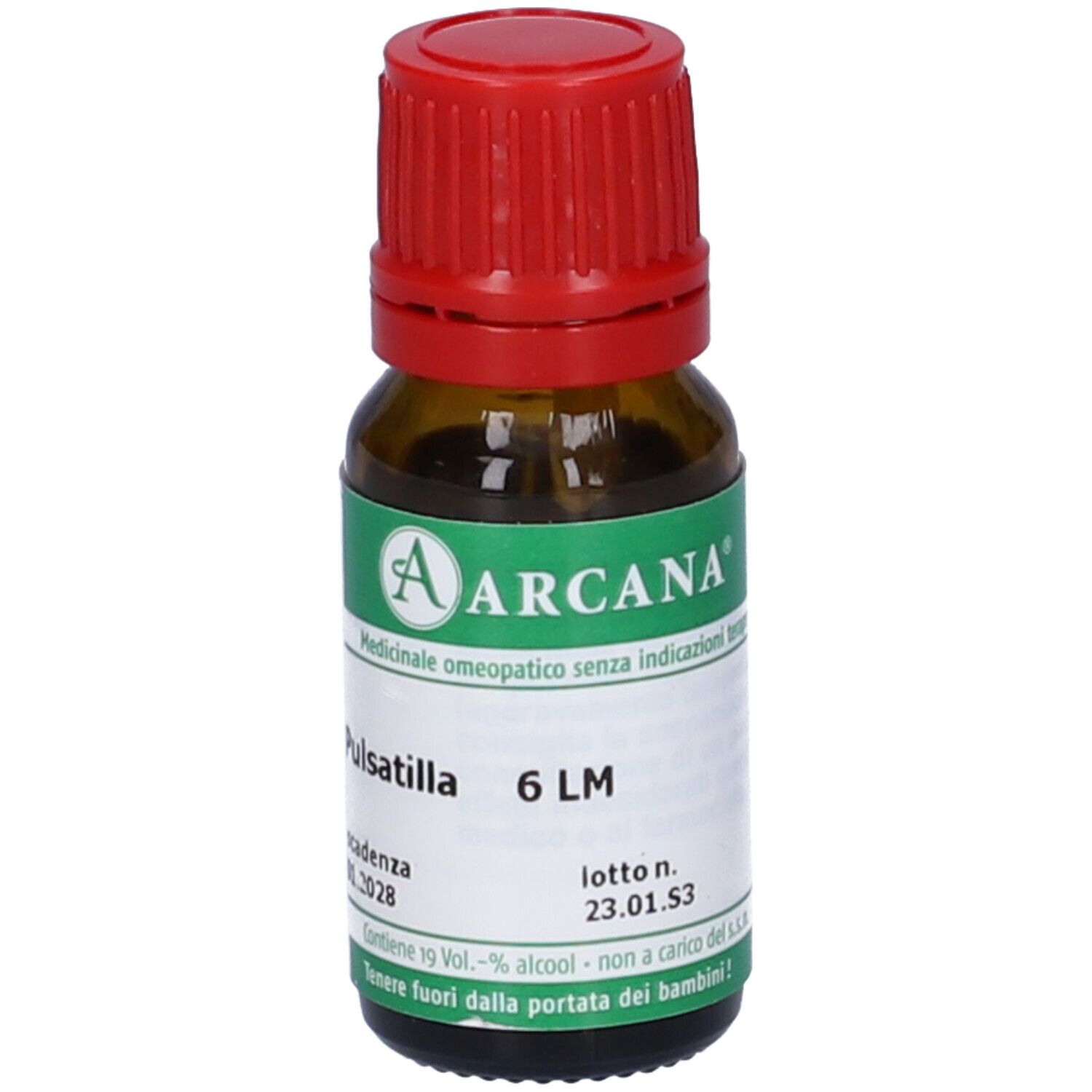 Flacone di vetro marrone con tappo rosso. Etichetta bianca con fascia verde, testo: Pulsatilla 6 LM, lotto n. 23.01.S3.