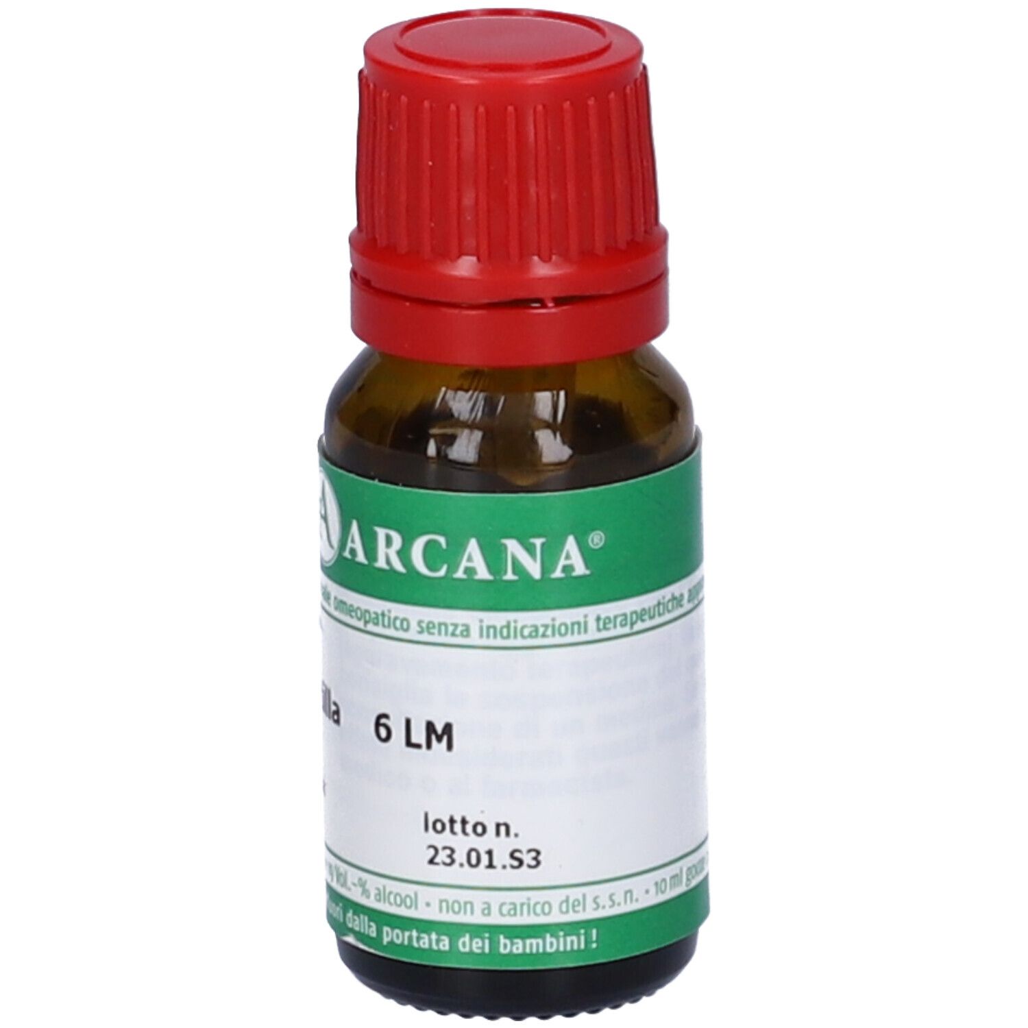Flacone di vetro marrone con tappo rosso. Etichetta bianca con fascia verde, testo: Pulsatilla 6 LM, lotto n. 23.01.S3.