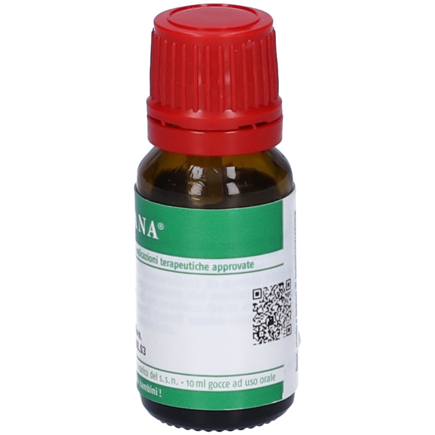Flacone di vetro marrone con tappo rosso. Etichetta bianca con fascia verde e codice QR. Testo: 10 ml gocce ad uso orale.