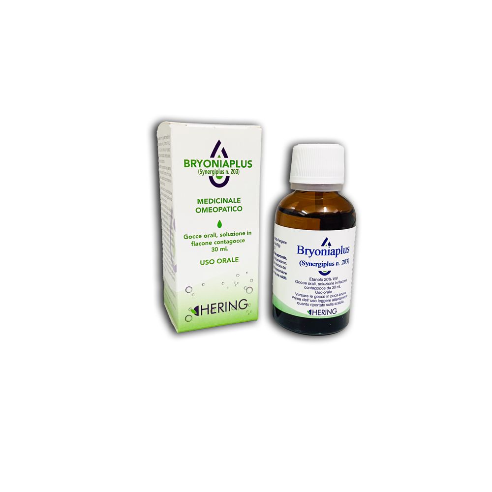 Flacone di vetro marrone con tappo bianco e scatola. Scritta: Bryoniaplus, 30 ml, Hering. Medicinali omeopatici.