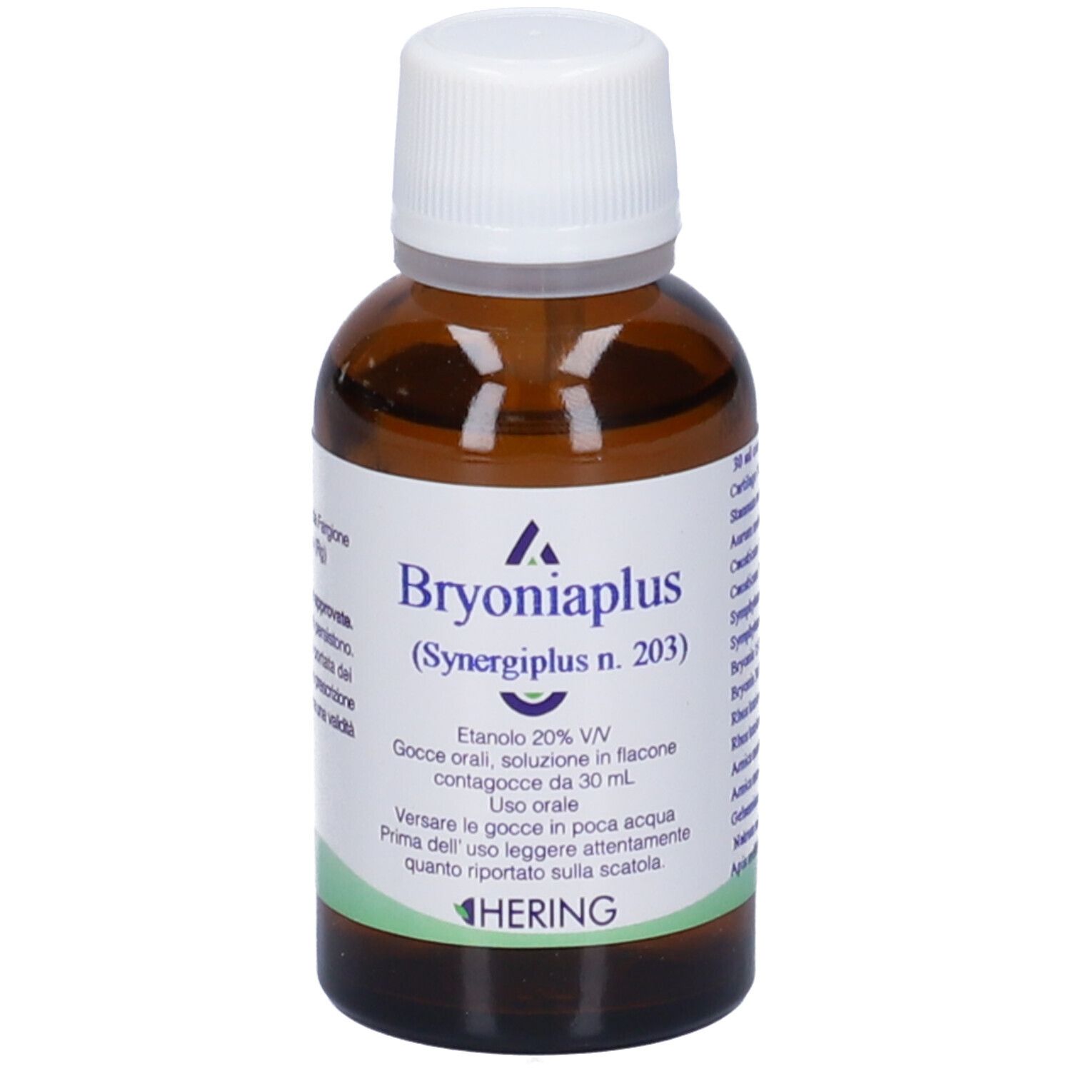 Flacone di vetro marrone con tappo bianco. Scritta: Bryoniaplus, Etanolo 20% V/V, gocce orali, Hering. 30 ml.