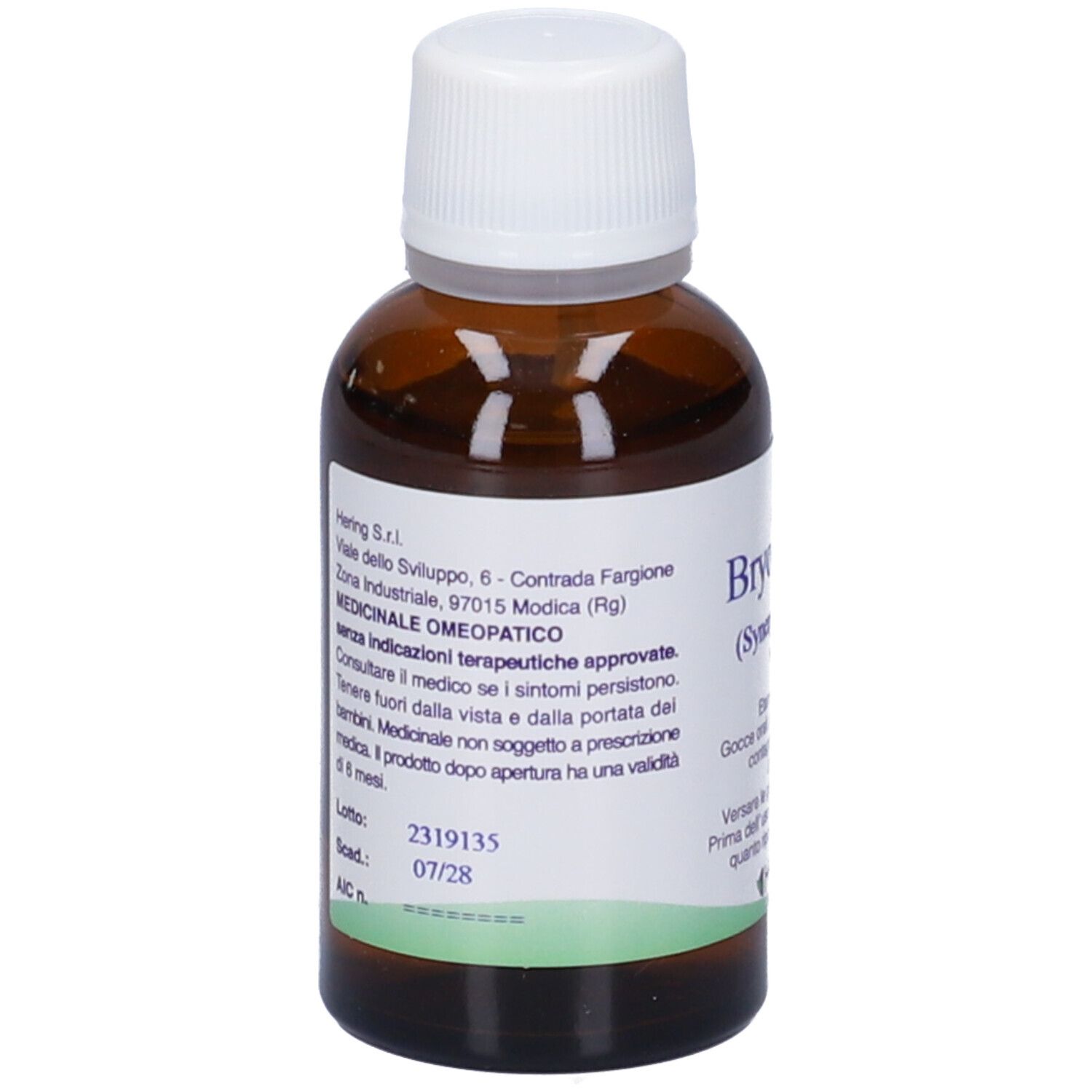 Flacone di vetro marrone con tappo bianco. Scritta: Bryoniaplus, Etanolo 20% V/V, gocce orali, Hering. 30 ml.