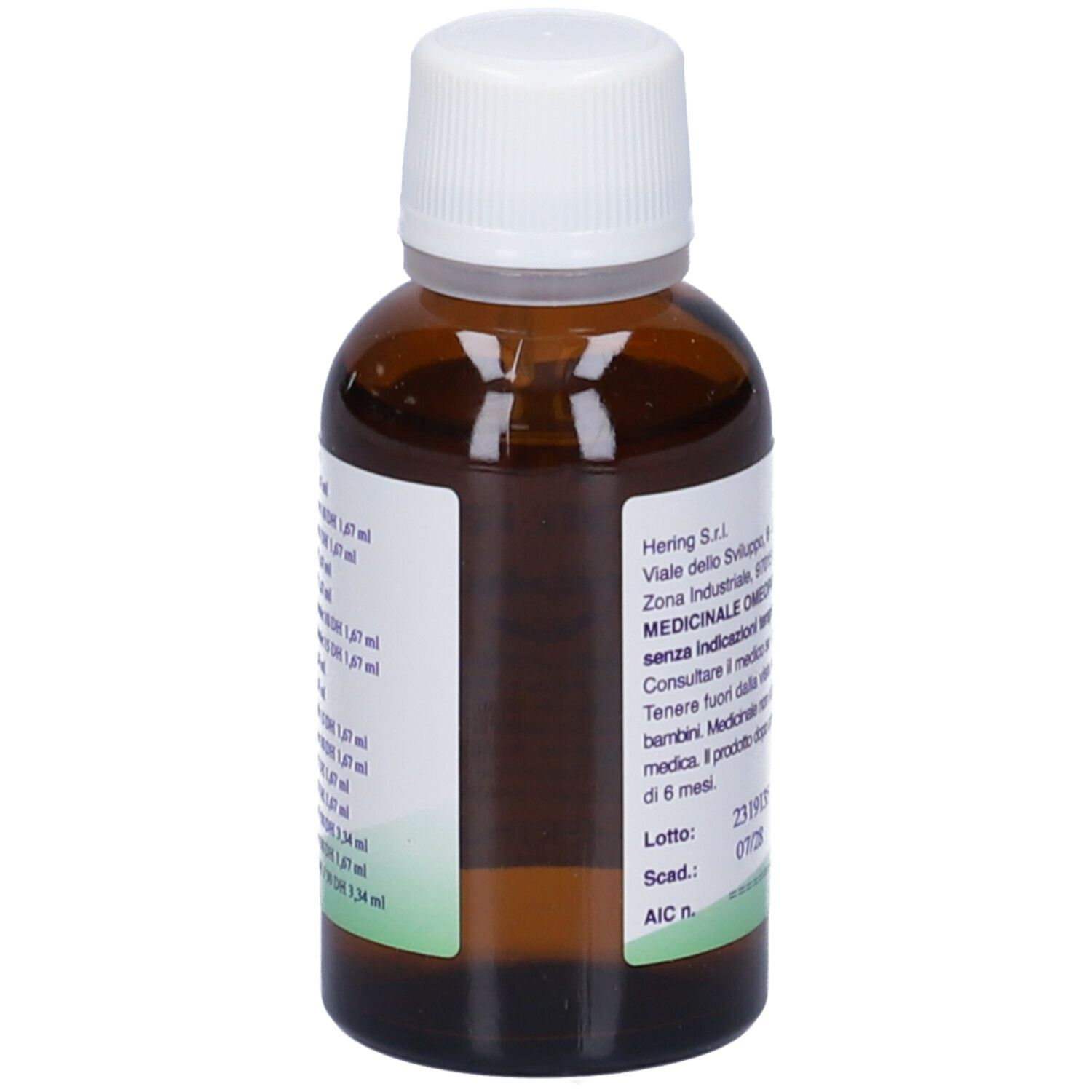 Flacone di vetro marrone con tappo bianco. Scritta: Bryoniaplus, Etanolo 20% V/V, gocce orali, Hering. 30 ml.