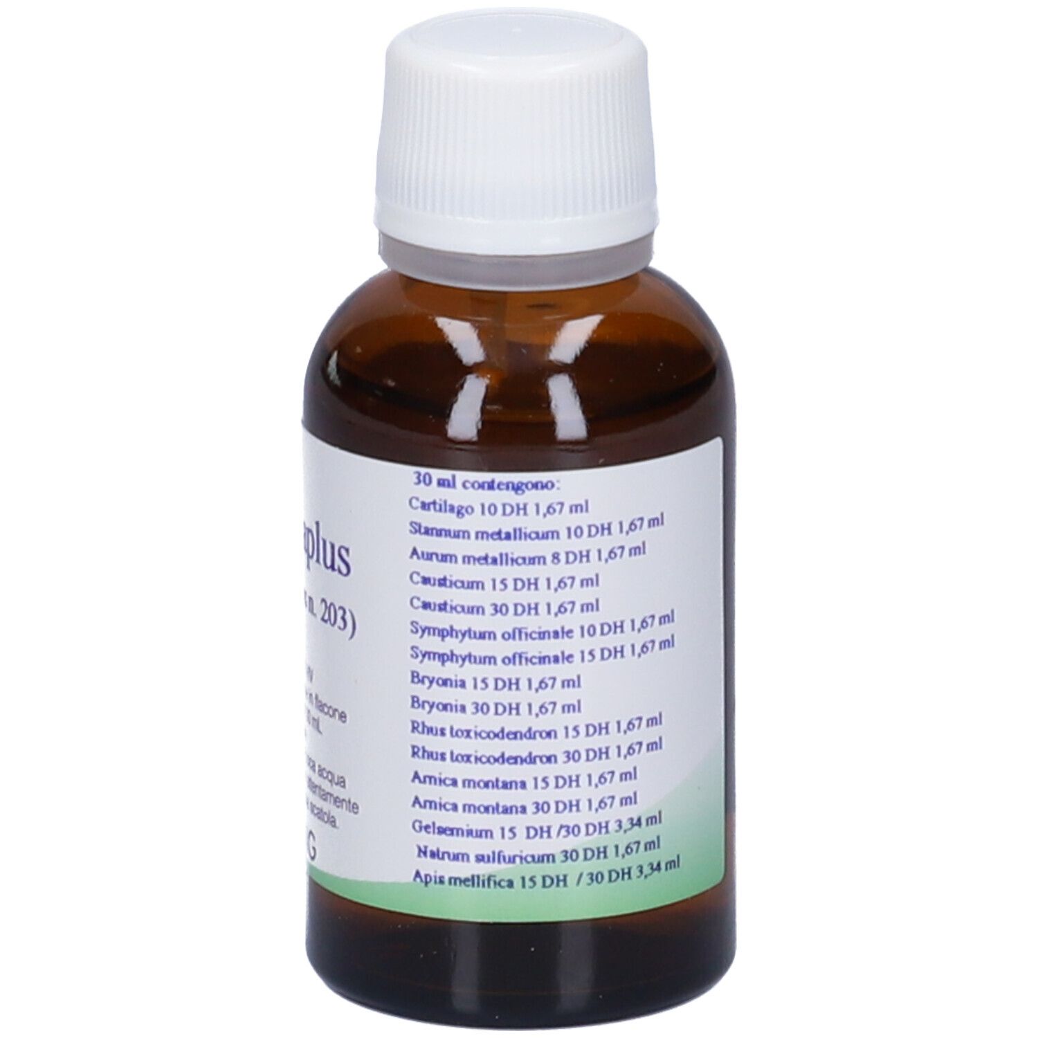 Flacone di vetro marrone con tappo bianco. Scritta: Bryoniaplus, Etanolo 20% V/V, gocce orali, Hering. 30 ml.
