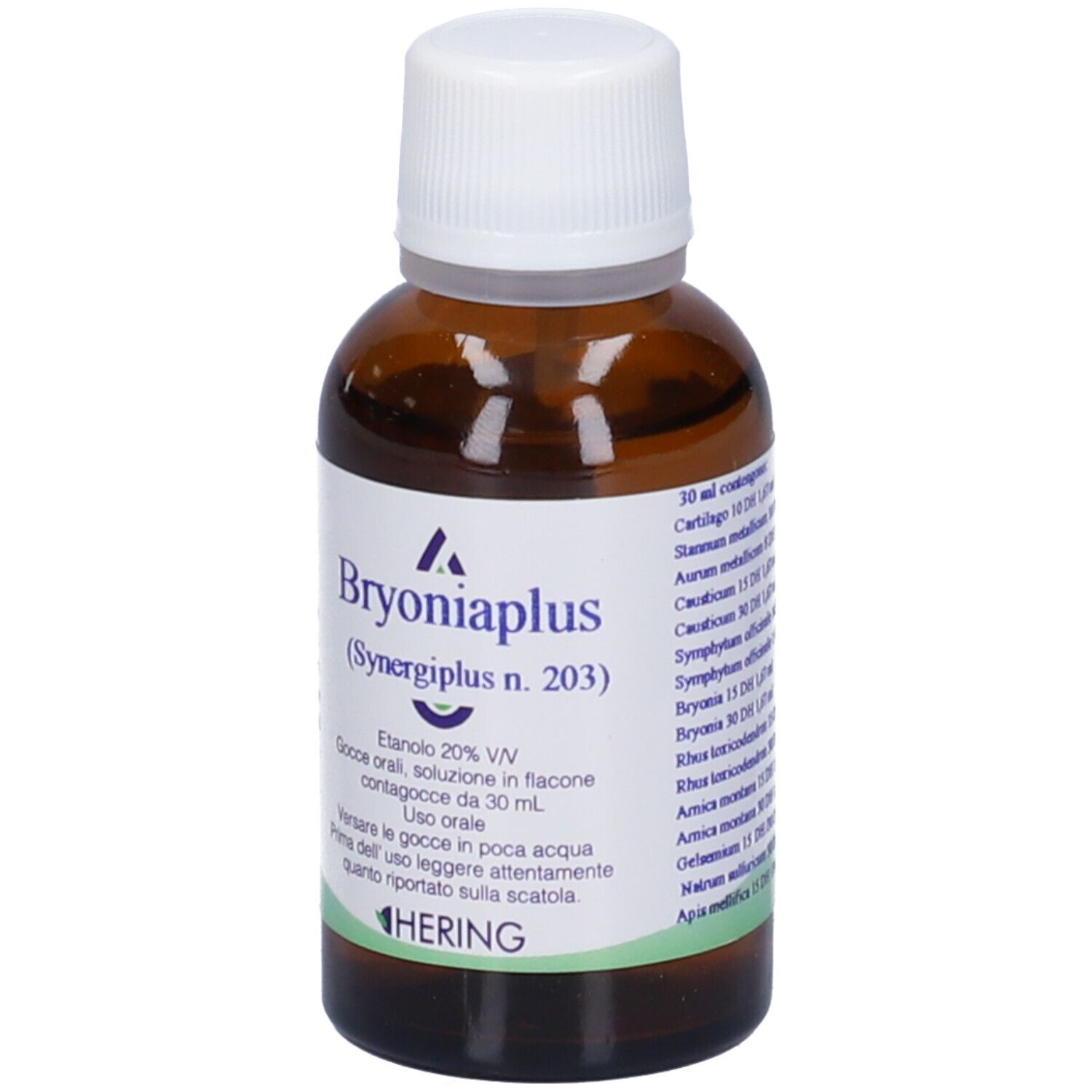 Flacone di vetro marrone con tappo bianco. Scritta: Bryoniaplus, Etanolo 20% V/V, gocce orali, Hering. 30 ml.