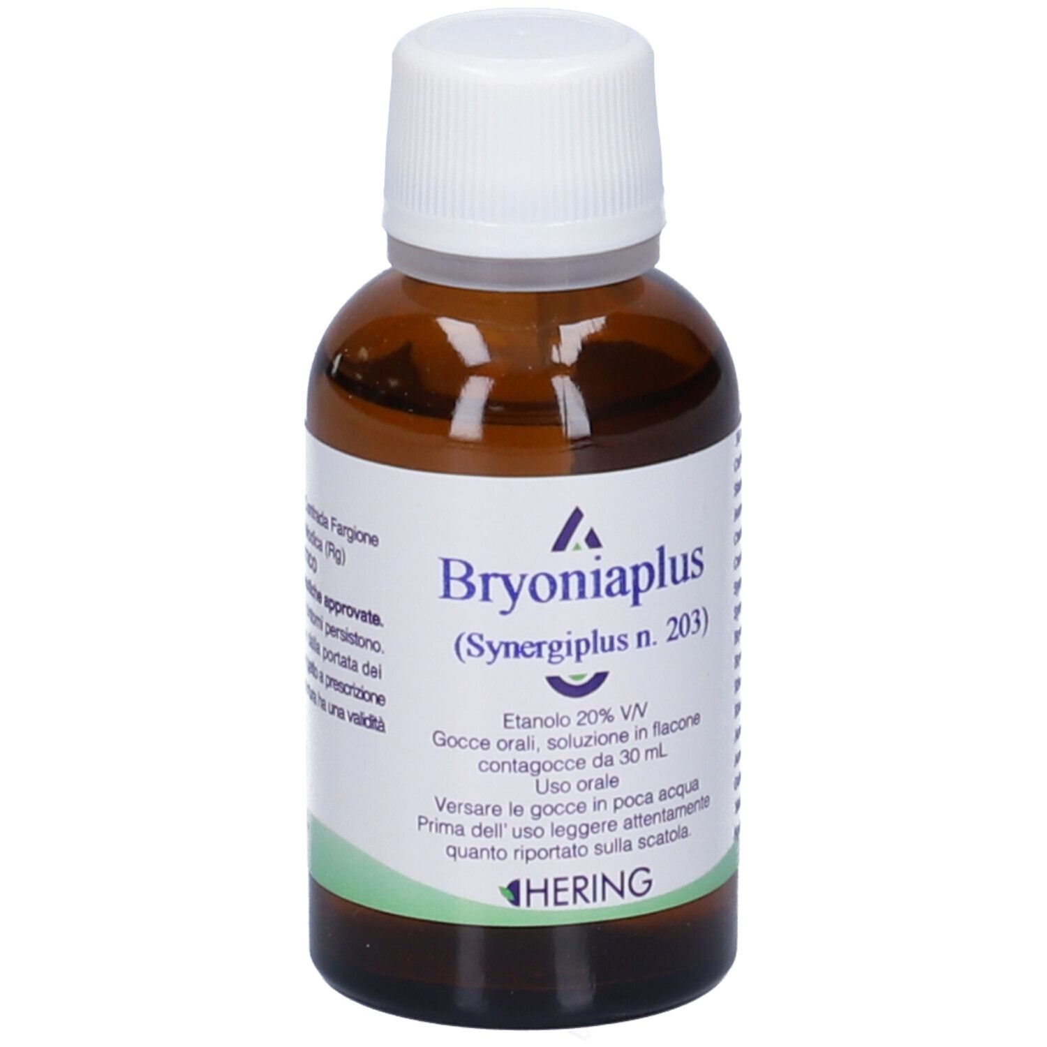 Flacone di vetro marrone con tappo bianco. Scritta: Bryoniaplus, Etanolo 20% V/V, gocce orali, Hering. 30 ml.