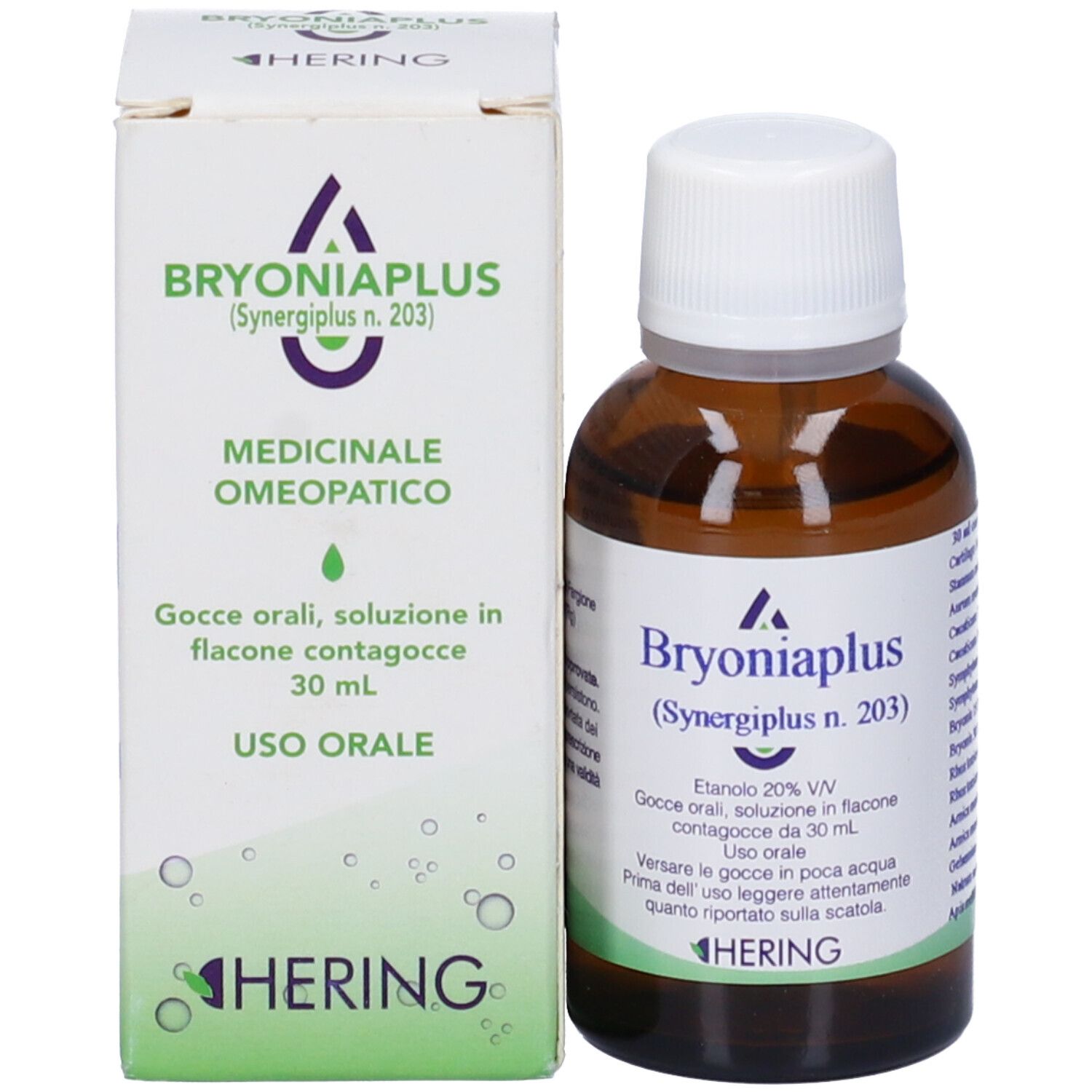 Flacone di vetro marrone con tappo bianco e scatola. Scritta: Bryoniaplus, 30 ml, Hering. Medicinali omeopatici.