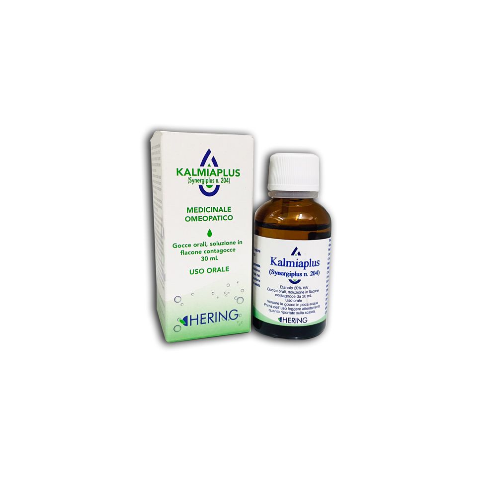 Flacone di vetro marrone e scatola. Scritta: Kalmiaplus, Hering. Gocce medicinali.