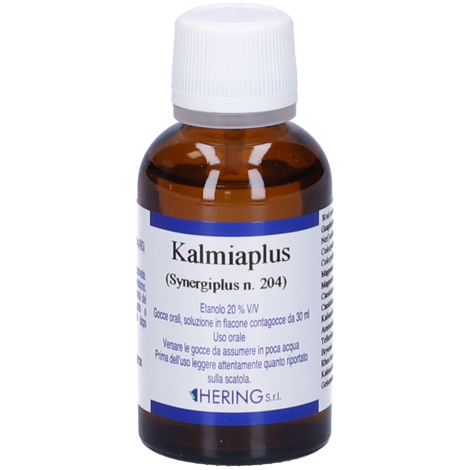 Flacone di vetro marrone con tappo bianco. Scritta: Kalmiaplus, Hering. Gocce.