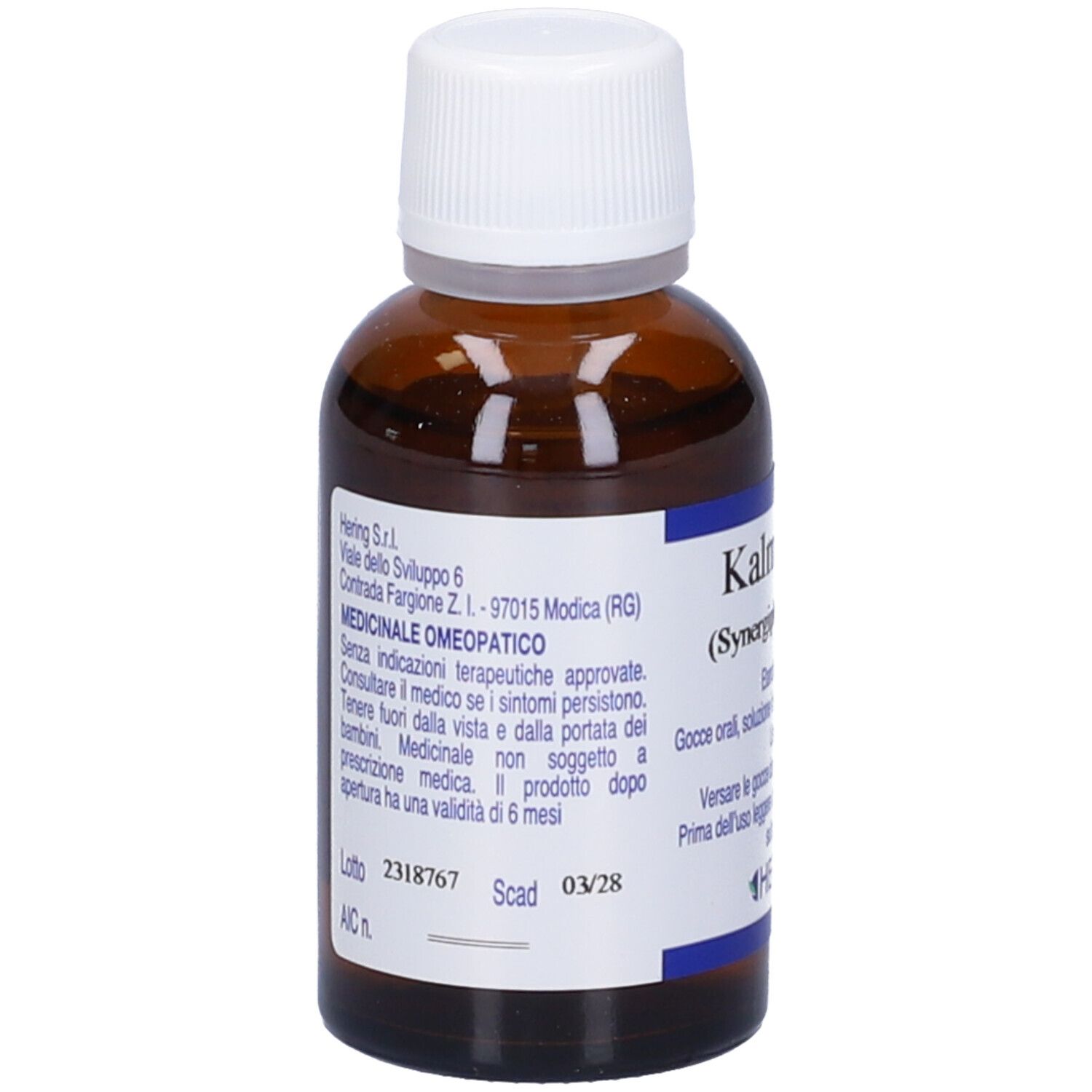 Flacone di vetro marrone con tappo bianco. Scritta: Kalmiaplus, Hering. Gocce.