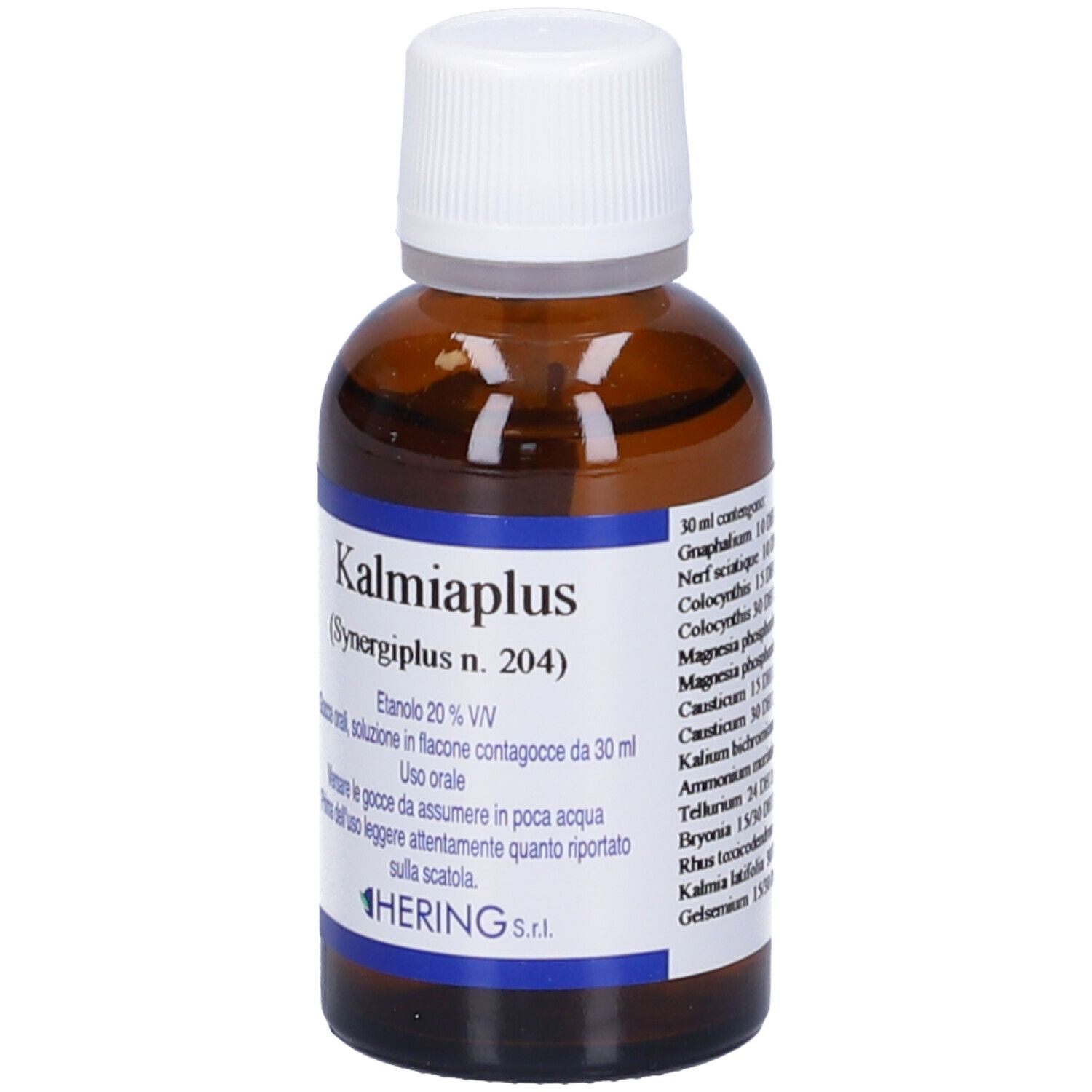Flacone di vetro marrone con tappo bianco. Scritta: Kalmiaplus, Hering. Gocce.