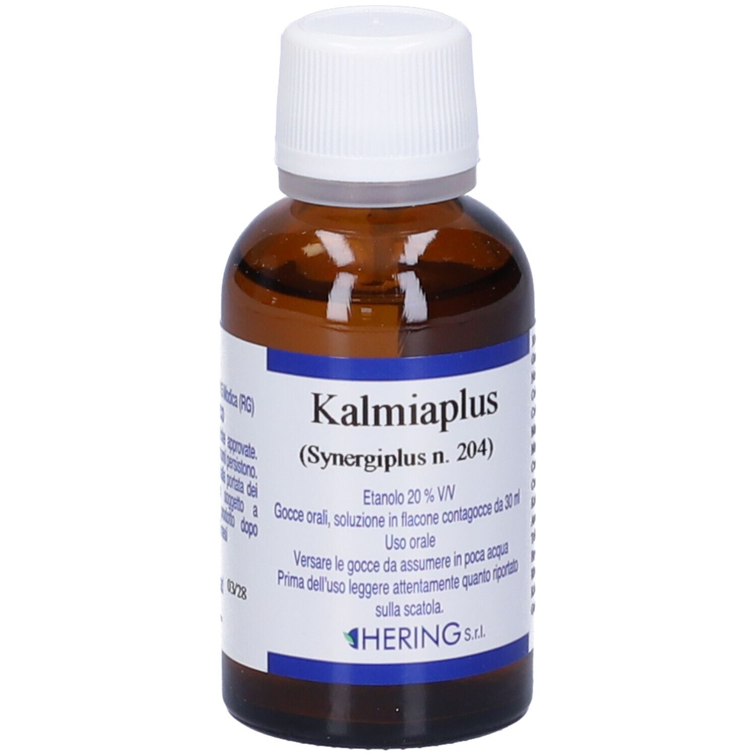Flacone di vetro marrone con tappo bianco. Scritta: Kalmiaplus, Hering. Gocce.