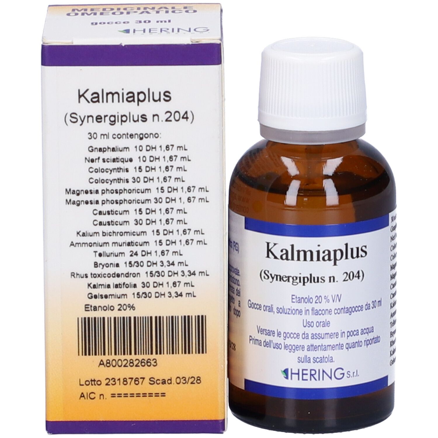 Flacone di vetro marrone e scatola. Scritta: Kalmiaplus, Hering. Gocce.