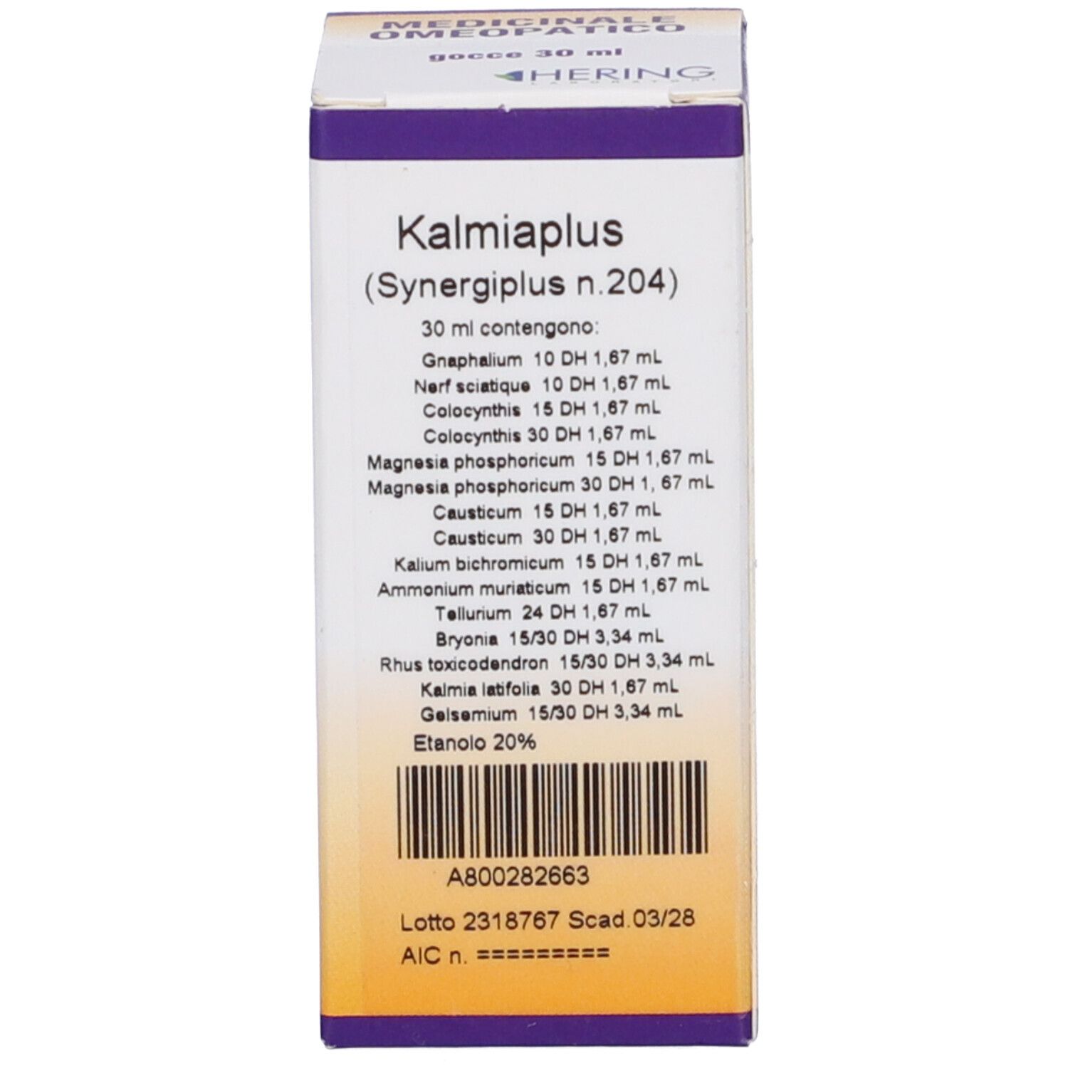 Scatola con scritta: Kalmiaplus, Hering. Gocce medicinali.