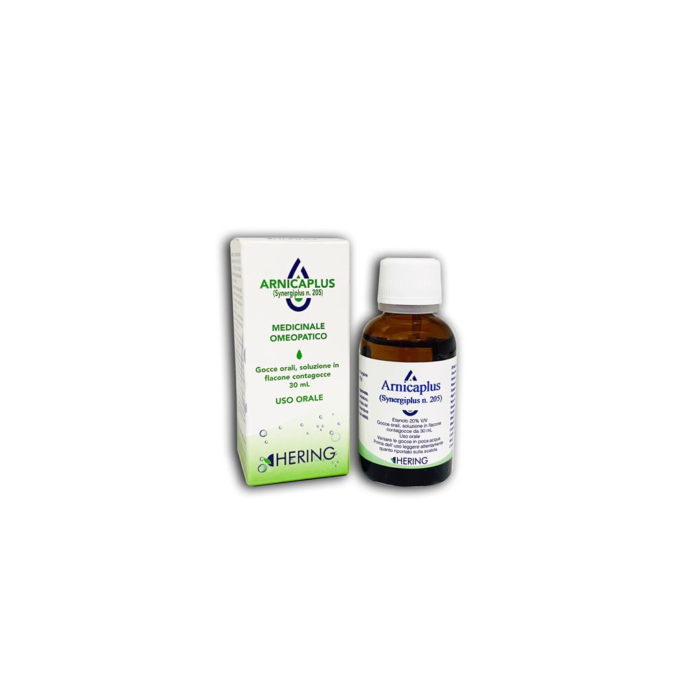 Flacone di vetro marrone con tappo bianco e scatola. Scritta: Arnicaplus, Hering. Medicinale omeopatico.