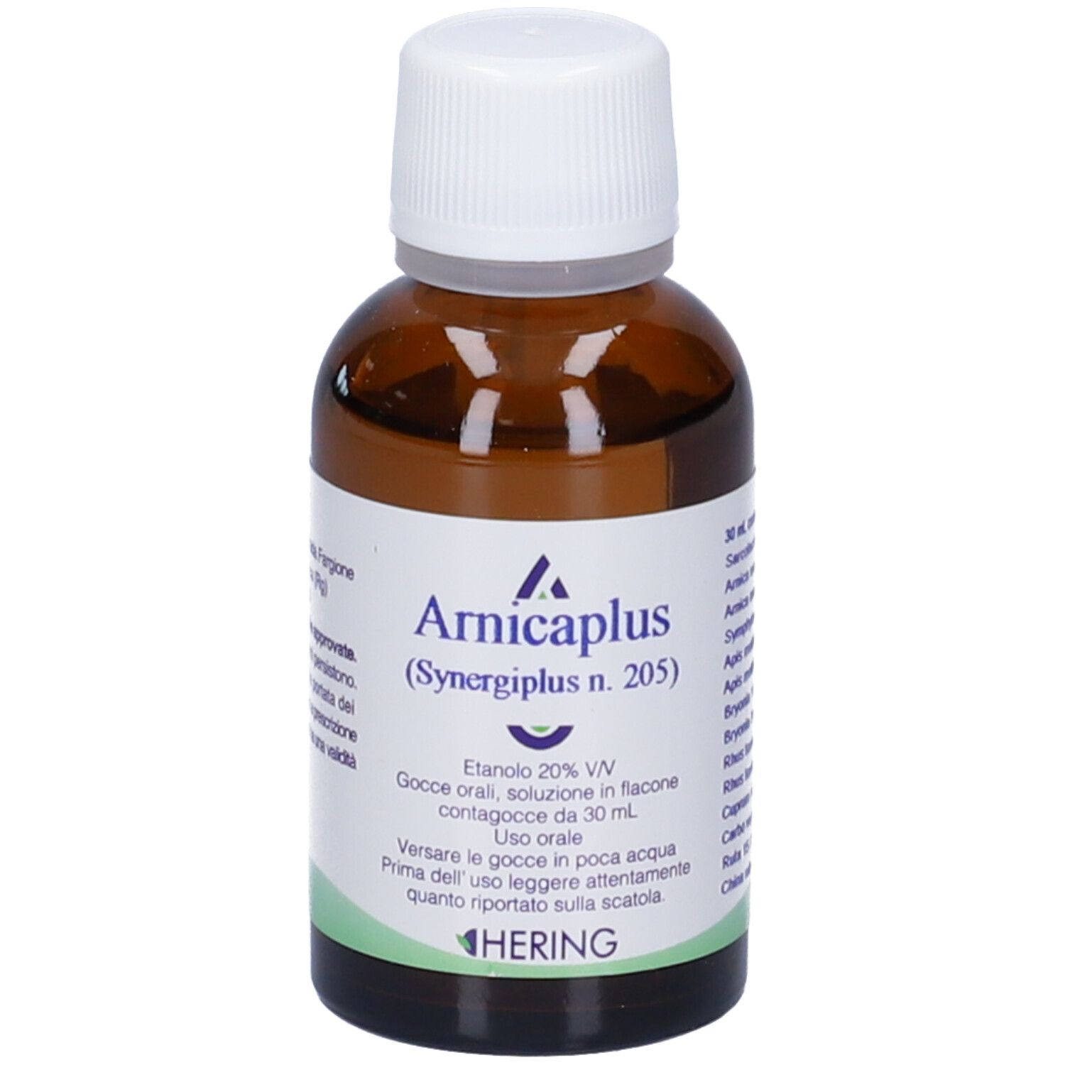 Flacone di vetro marrone con tappo bianco. Scritta: Arnicaplus (Synergipus n. 205), Hering. 30 ml.