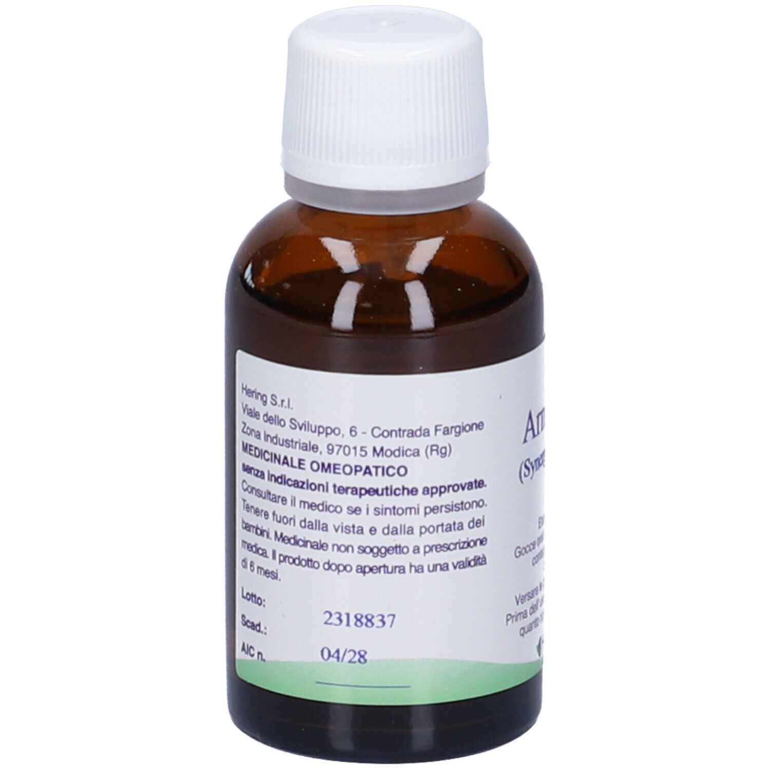 Flacone di vetro marrone con tappo bianco. Scritta: Arnicaplus (Synergipus n. 205), Hering. 30 ml.