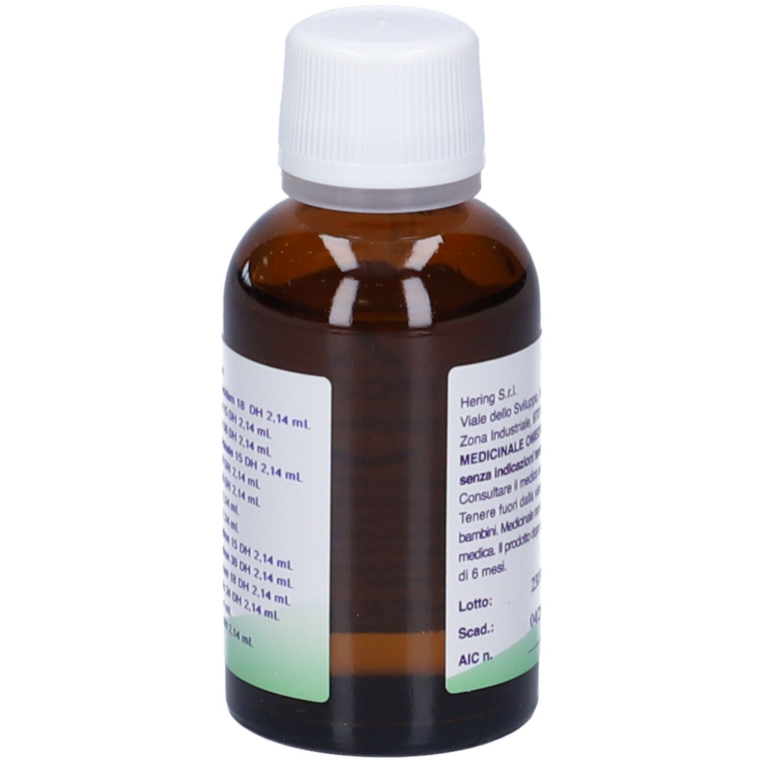 Flacone di vetro marrone con tappo bianco. Scritta: Arnicaplus (Synergipus n. 205), Hering. 30 ml.