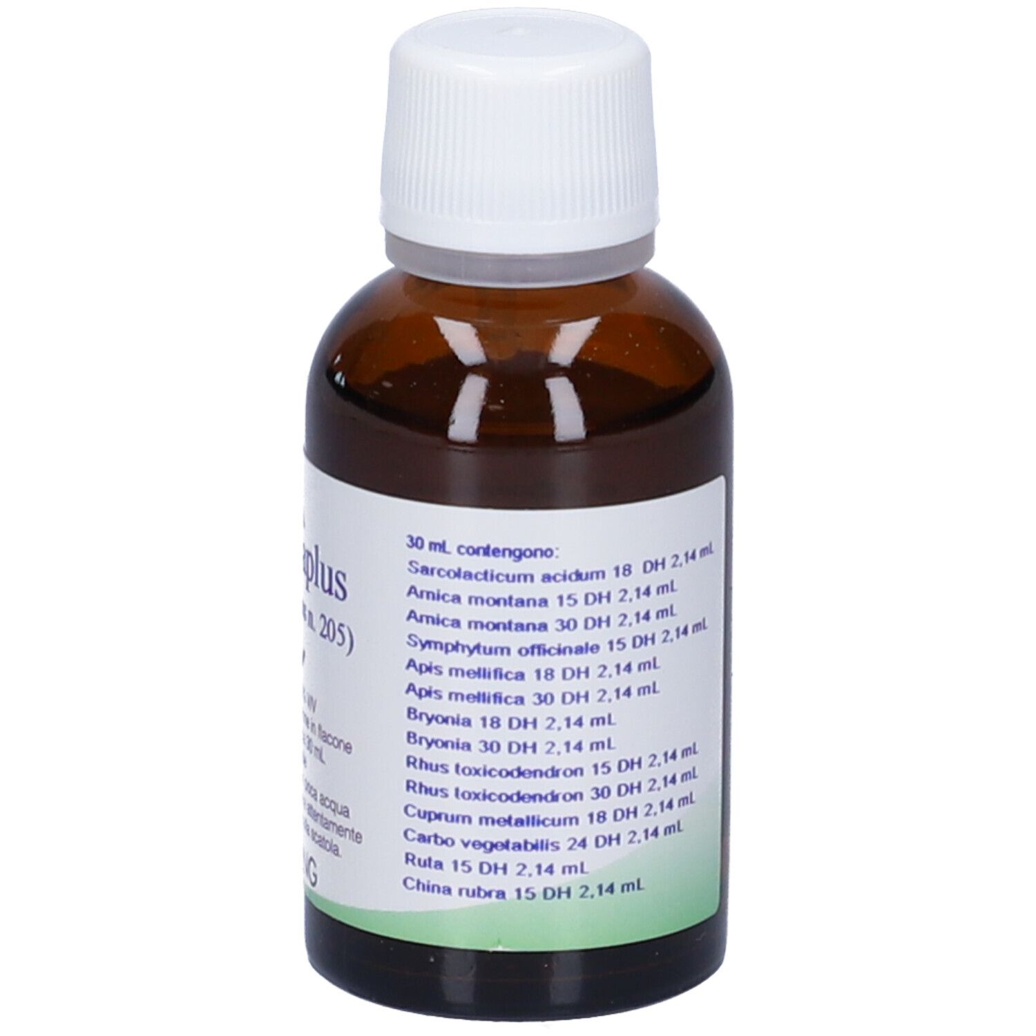 Flacone di vetro marrone con tappo bianco. Scritta: Arnicaplus (Synergipus n. 205), Hering. 30 ml.