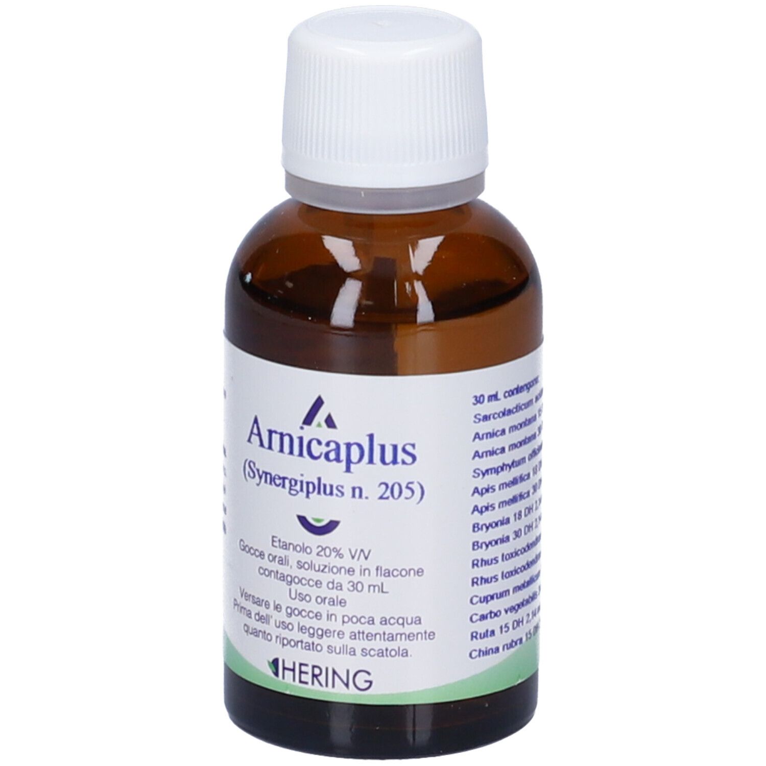 Flacone di vetro marrone con tappo bianco. Scritta: Arnicaplus (Synergipus n. 205), Hering. 30 ml.