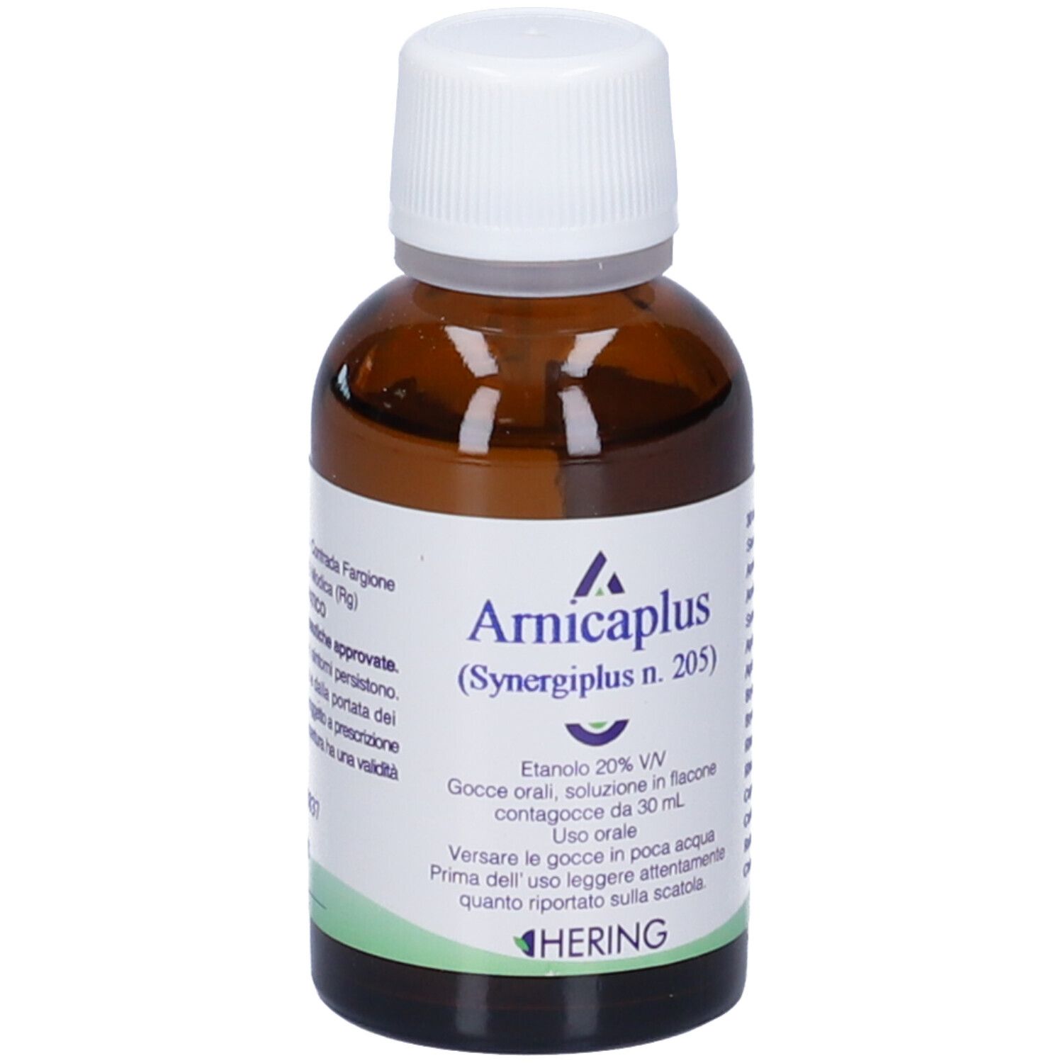 Flacone di vetro marrone con tappo bianco. Scritta: Arnicaplus (Synergipus n. 205), Hering. 30 ml.
