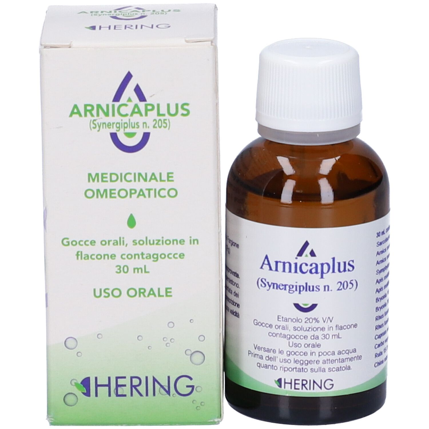 Flacone di vetro marrone con tappo bianco e scatola. Scritta: Arnicaplus, Hering. Medicinale omeopatico.