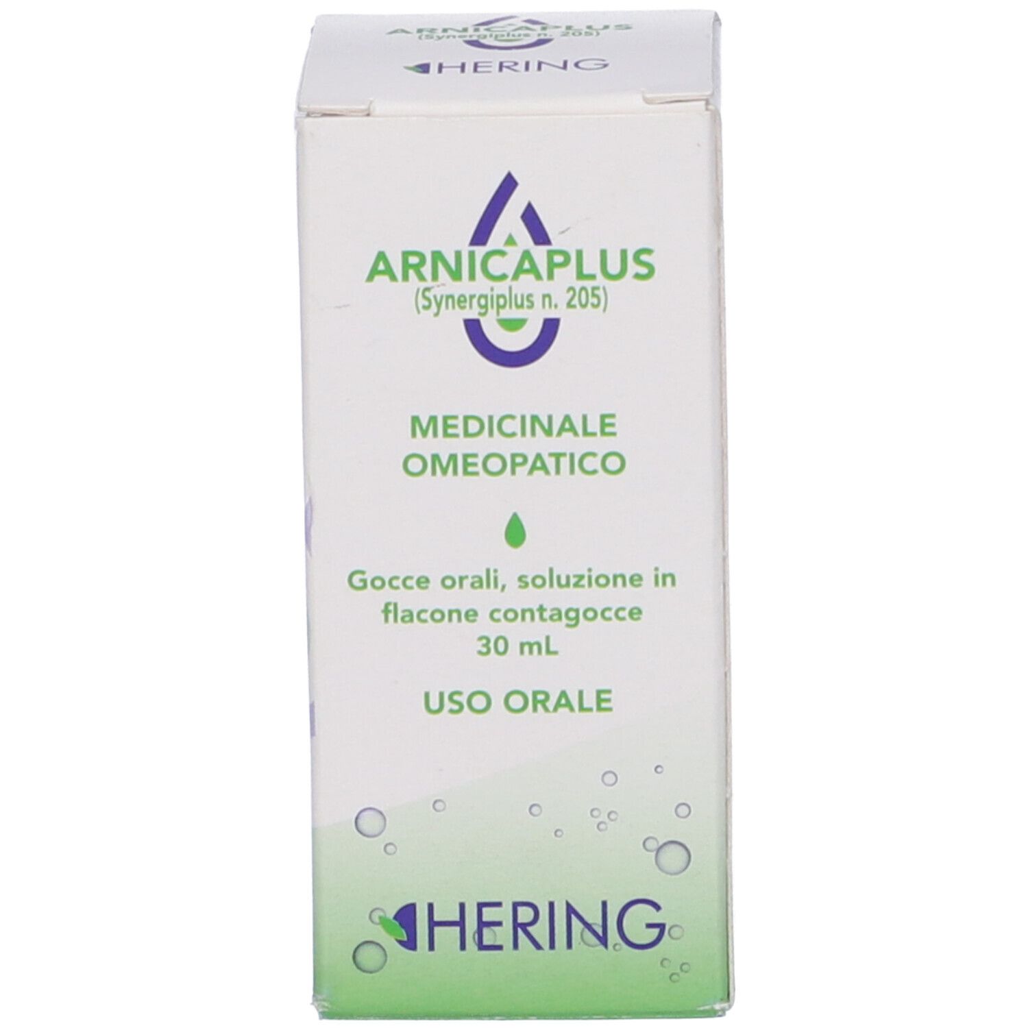 Scatola con scritta: Arnicaplus (Synergipus n. 205), Hering. Medicinale omeopatico. 30 ml.
